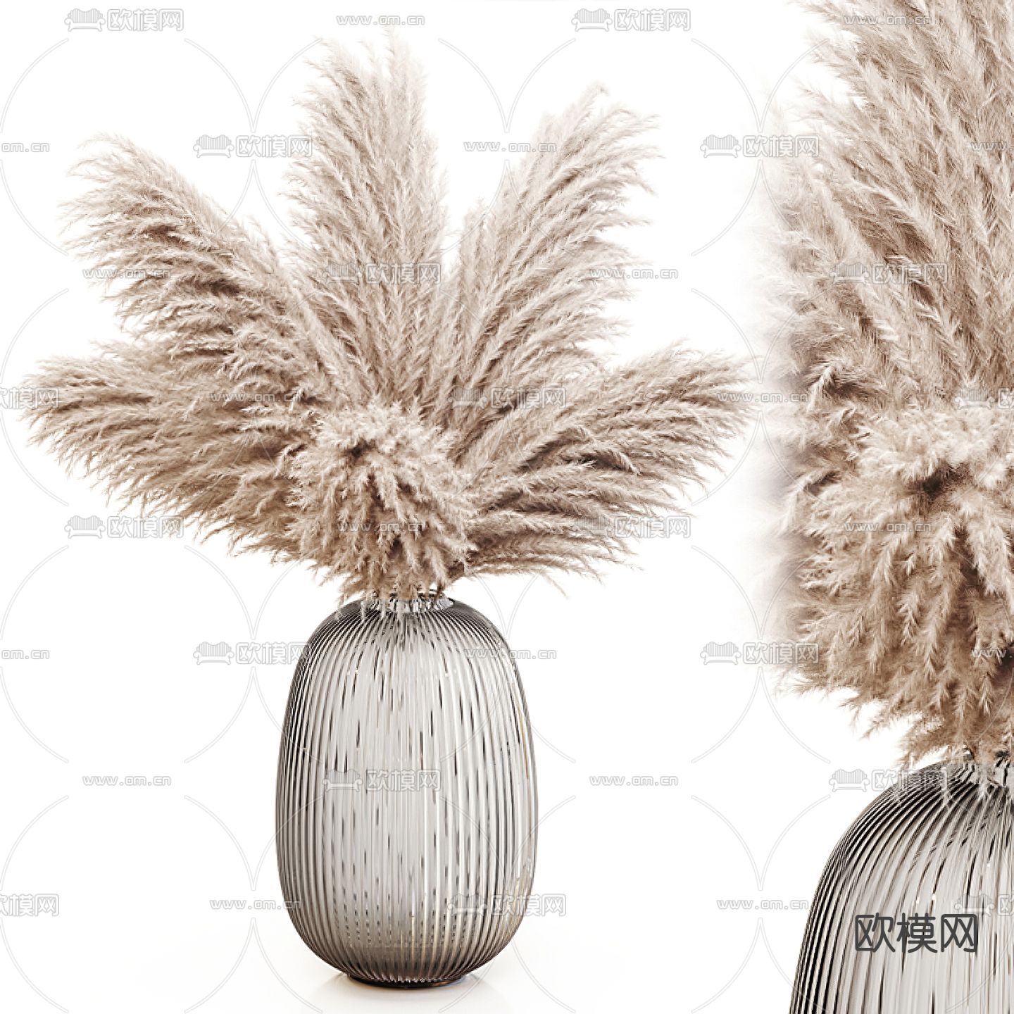 现代侘寂风蒲苇干花花瓶组花艺3d模型下载（渲染图2）
