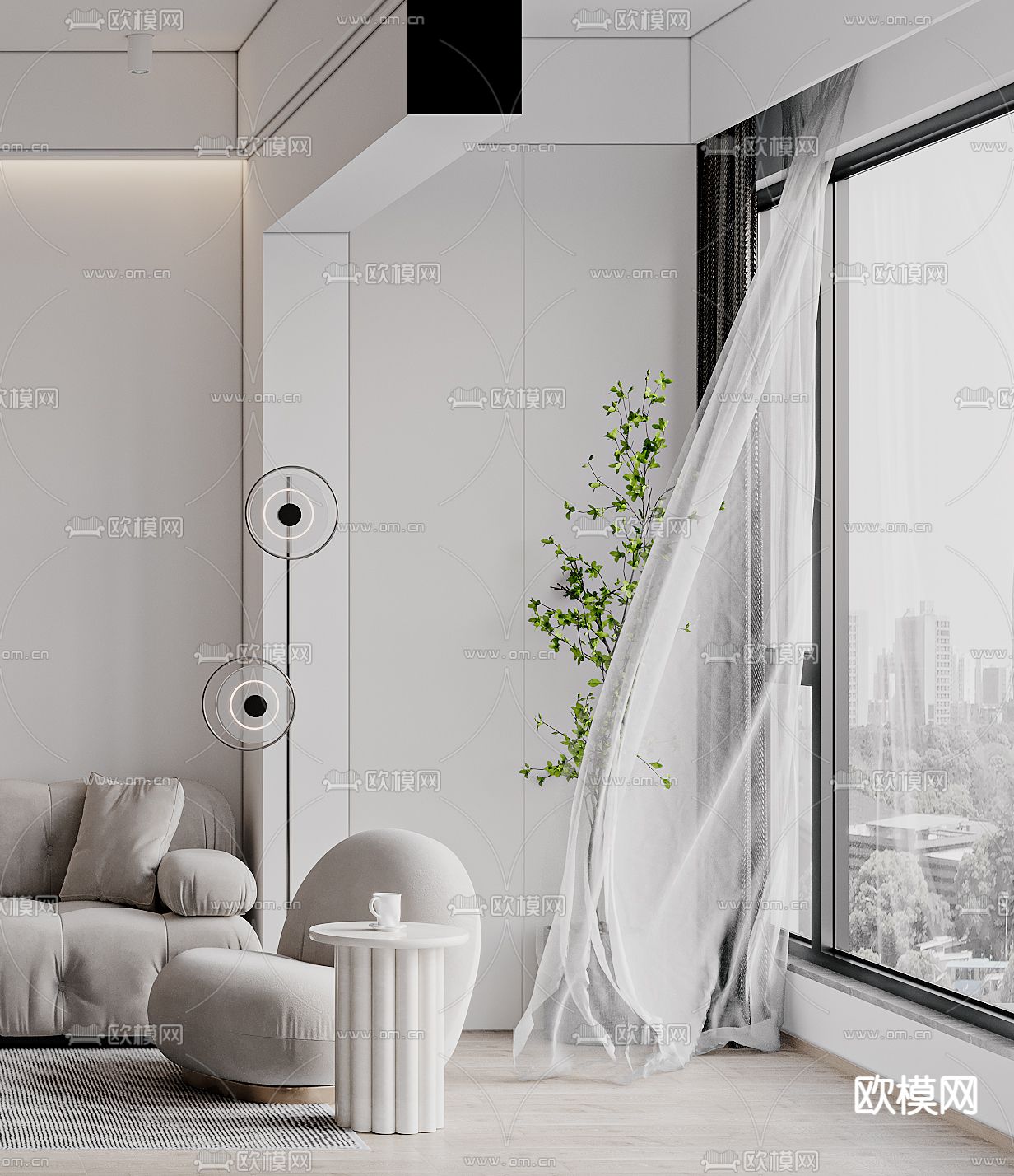 奶油风客厅3d模型下载（渲染图3）