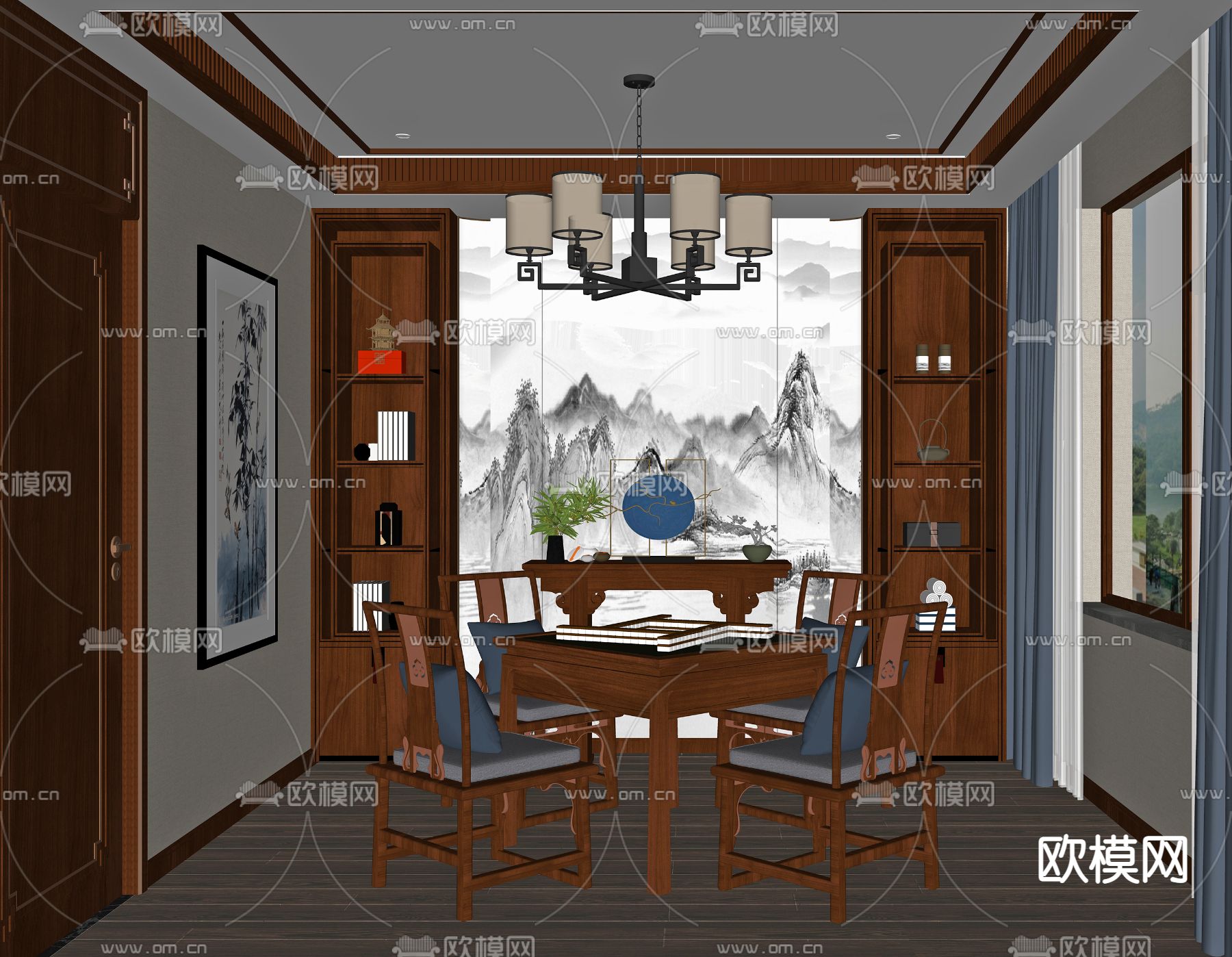 新中式棋牌室su模型下载（渲染图2）