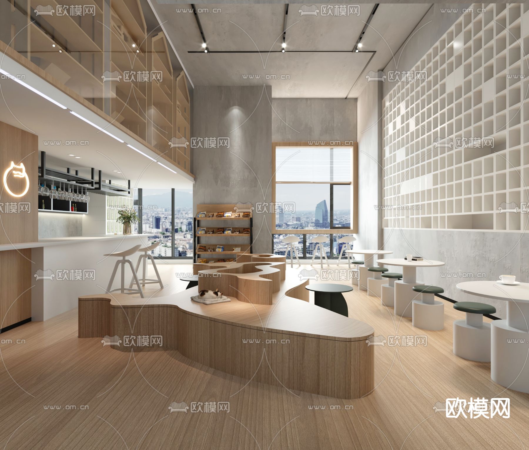 现代原木风奶茶店3d模型下载（渲染图1）