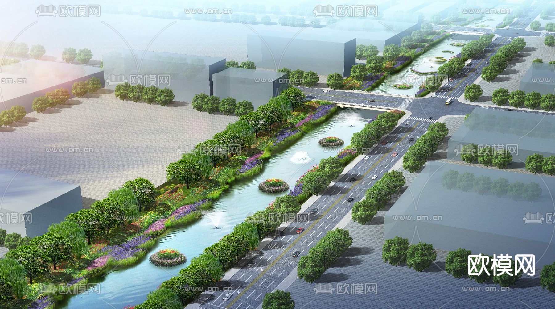 现代河道园林景观psd下载