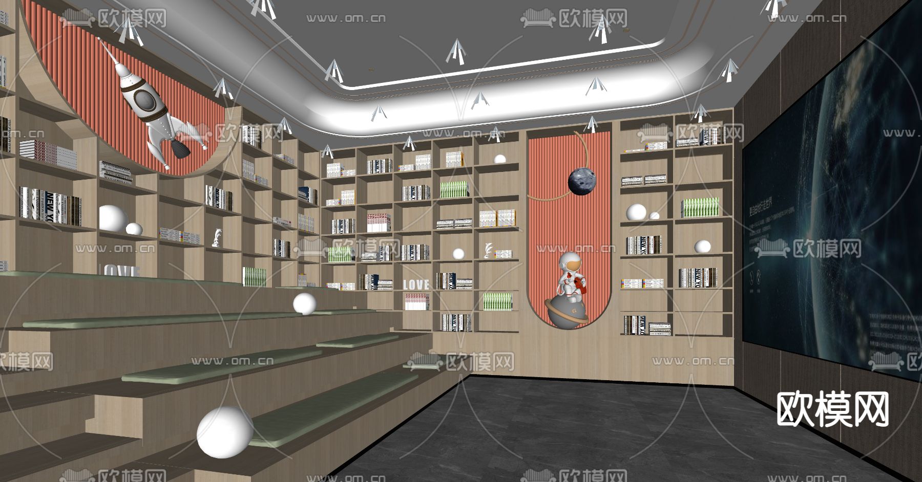 现代图书馆阅读室su模型下载（渲染图2）