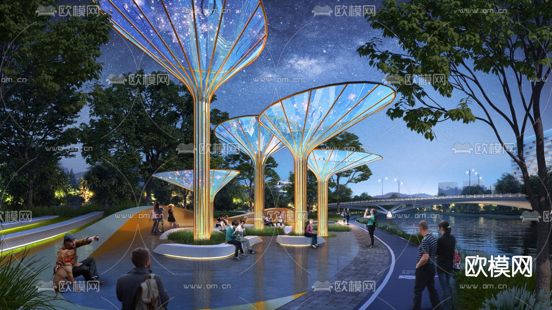 现代公园园林夜景景观psd下载_ID12057810_3dmax免费模型-欧模网