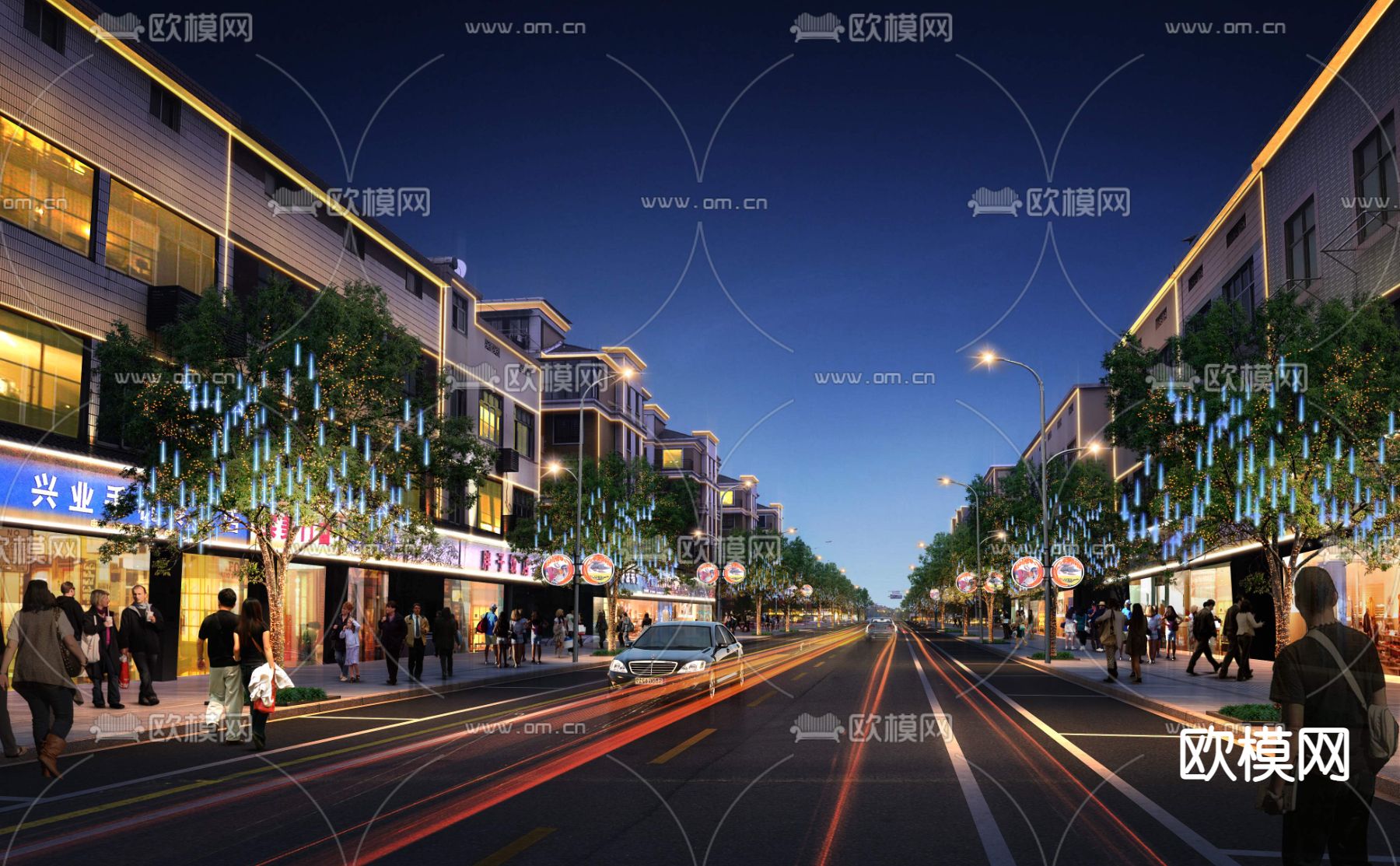 现代商业街道路夜景景观psd下载