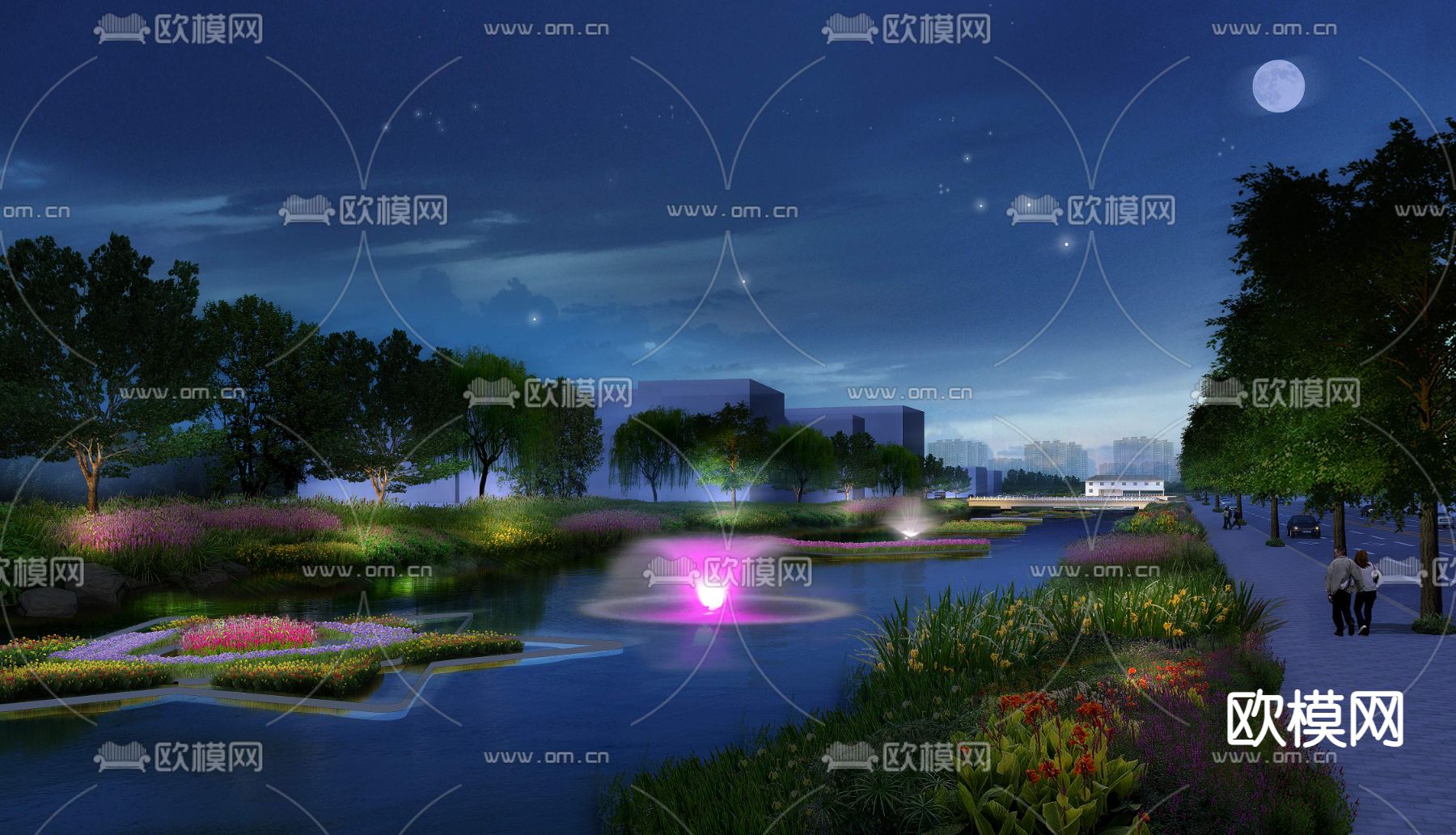 现代河道园林夜景景观psd下载_ID12057716_3dmax免费模型-欧模网