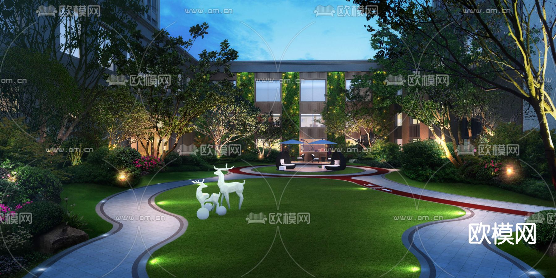 现代小区公园园林夜景景观psd下载_ID12057541_3dmax免费模型-欧模网