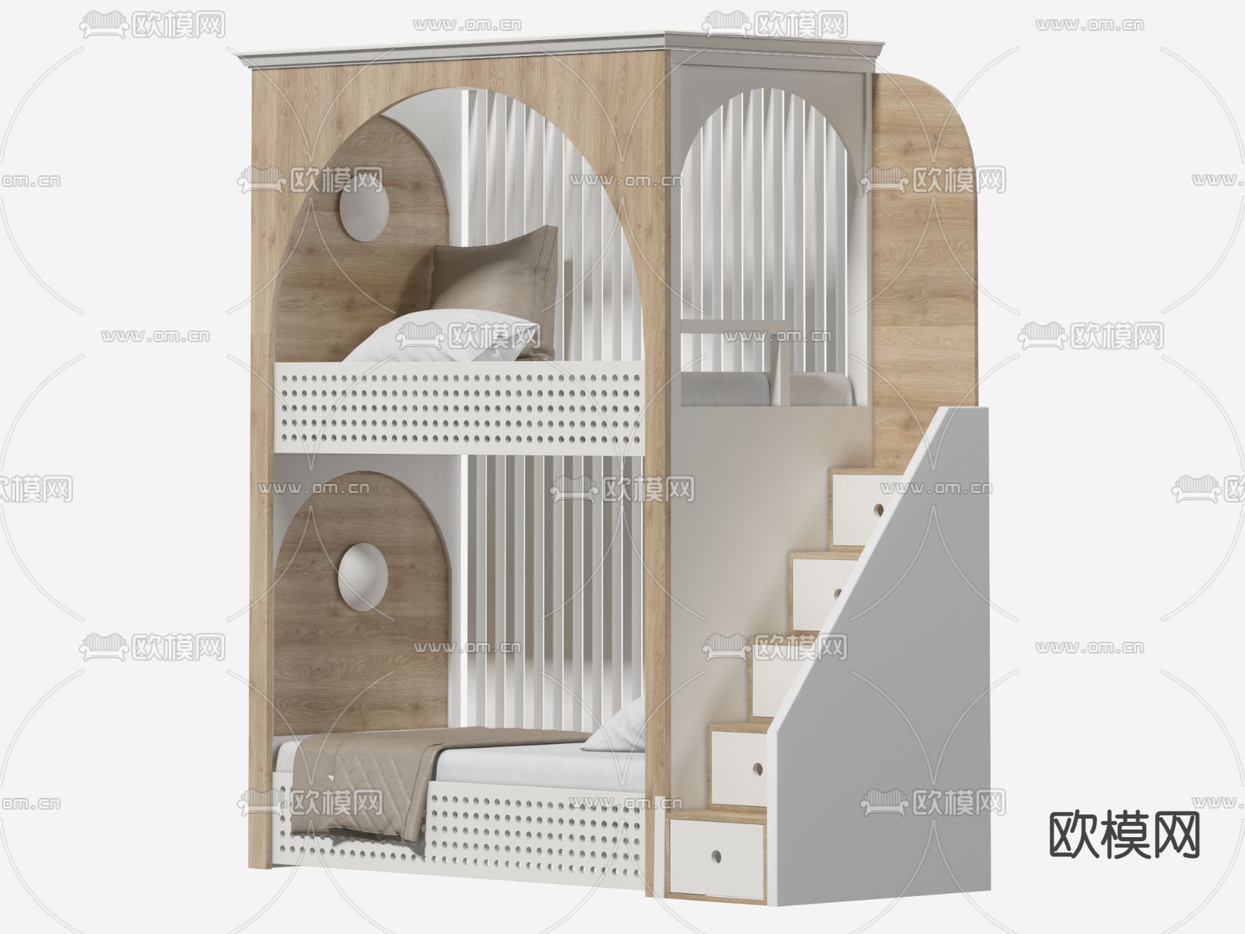 现代实木儿童床上下铺3d模型下载