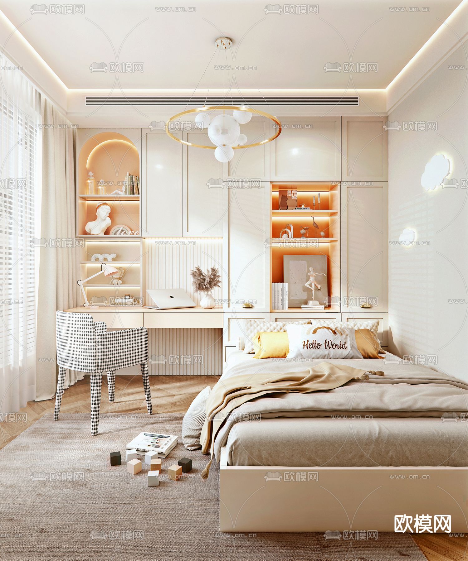 现代奶油风榻榻米卧室su模型下载（渲染图1）