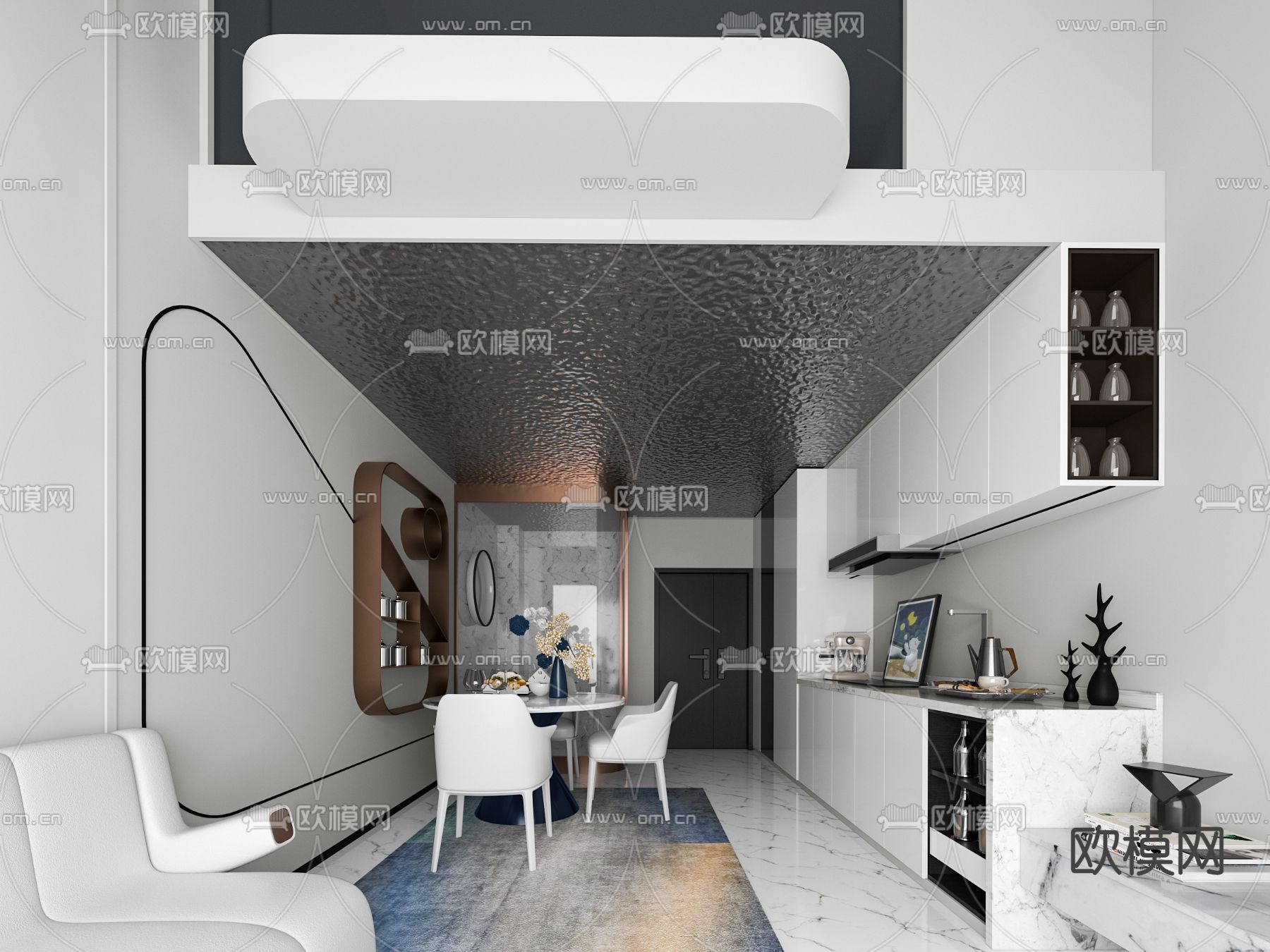 赛拉维设计 现代奶油风公寓客餐厅3d模型下载