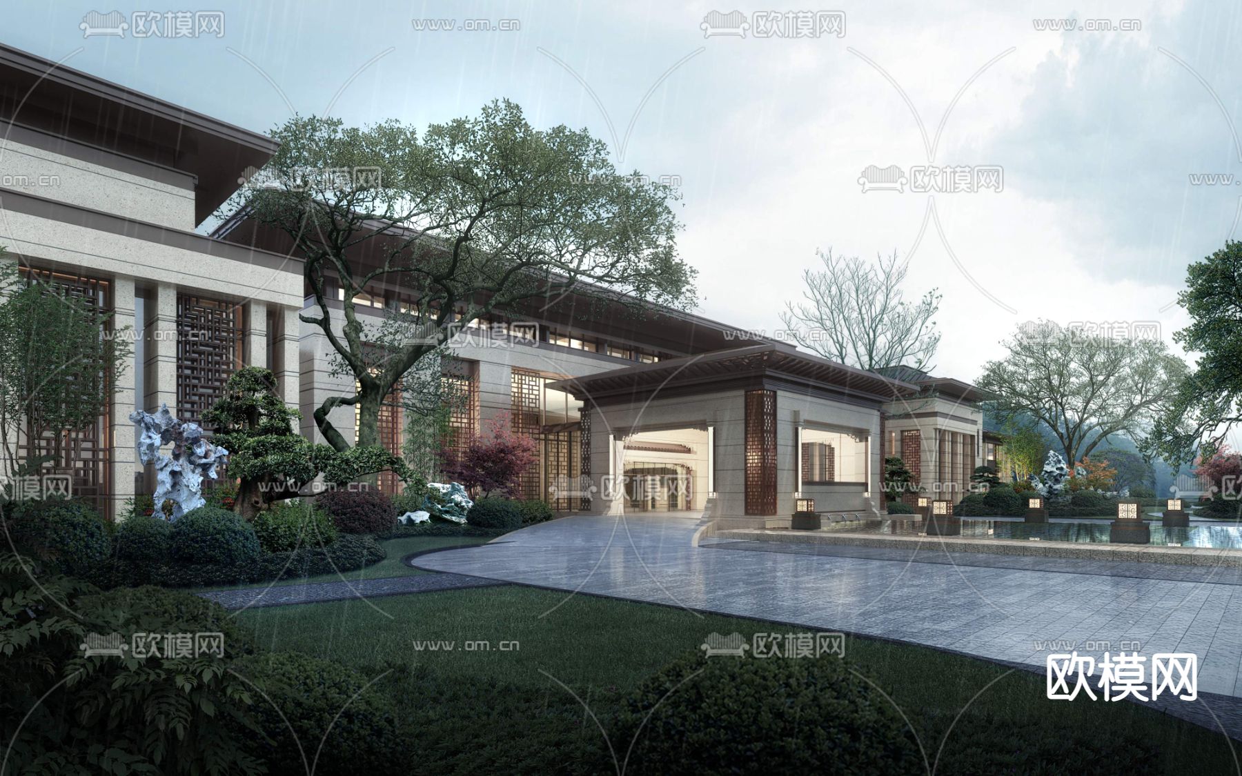 新中式园林外观景观psd下载