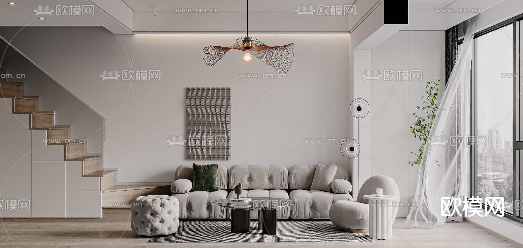 奶油风客厅3d模型下载（渲染图1）