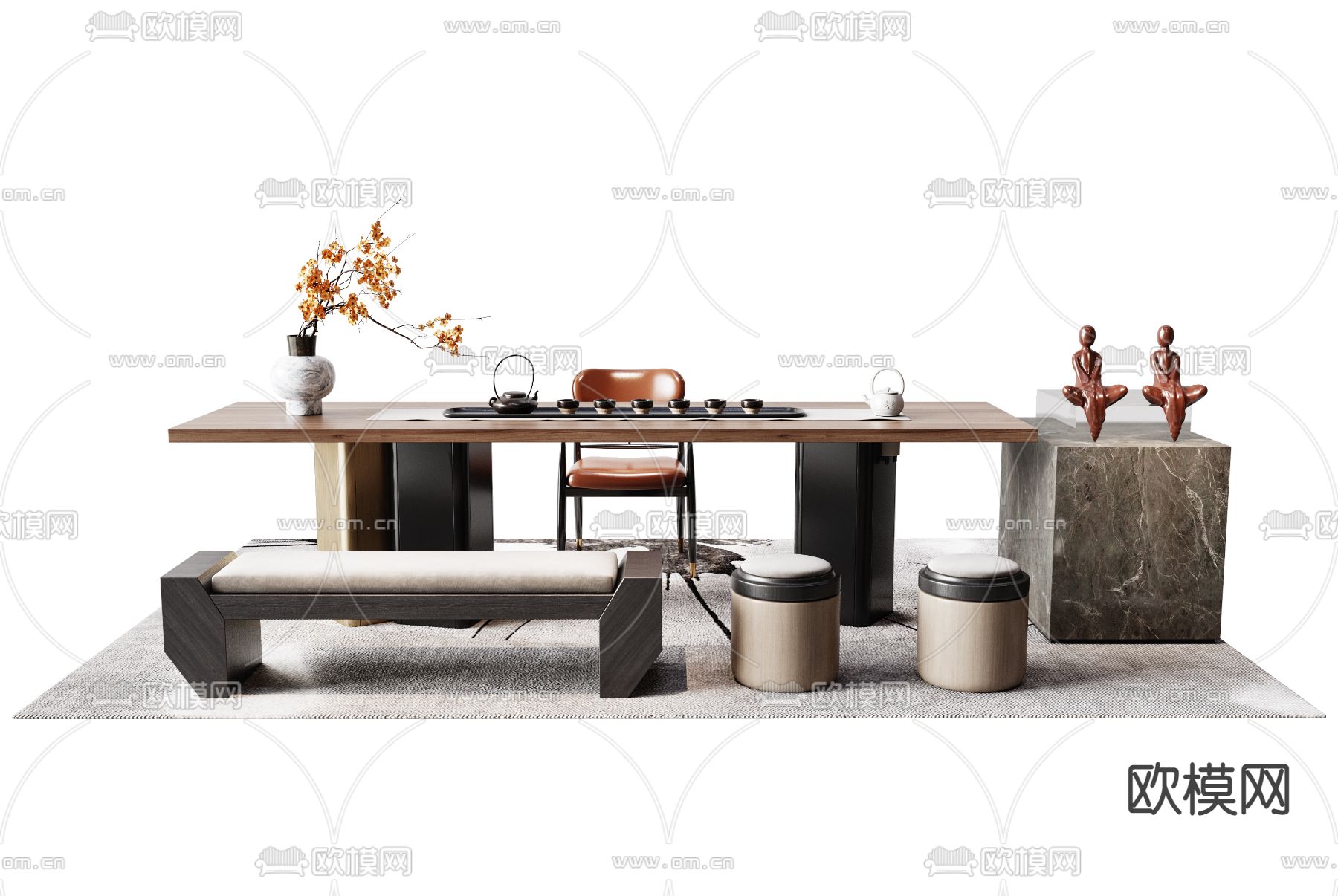 新中式茶桌椅su模型下载（渲染图1）
