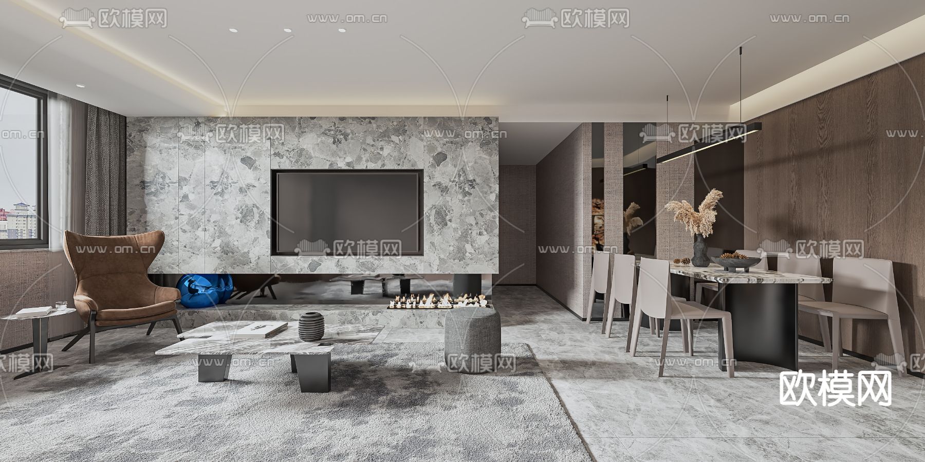 现代高级灰客餐厅3d模型下载（渲染图3）