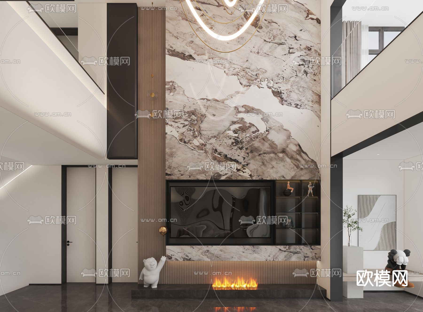 现代轻奢别墅客厅大堂模型下载（渲染图2）