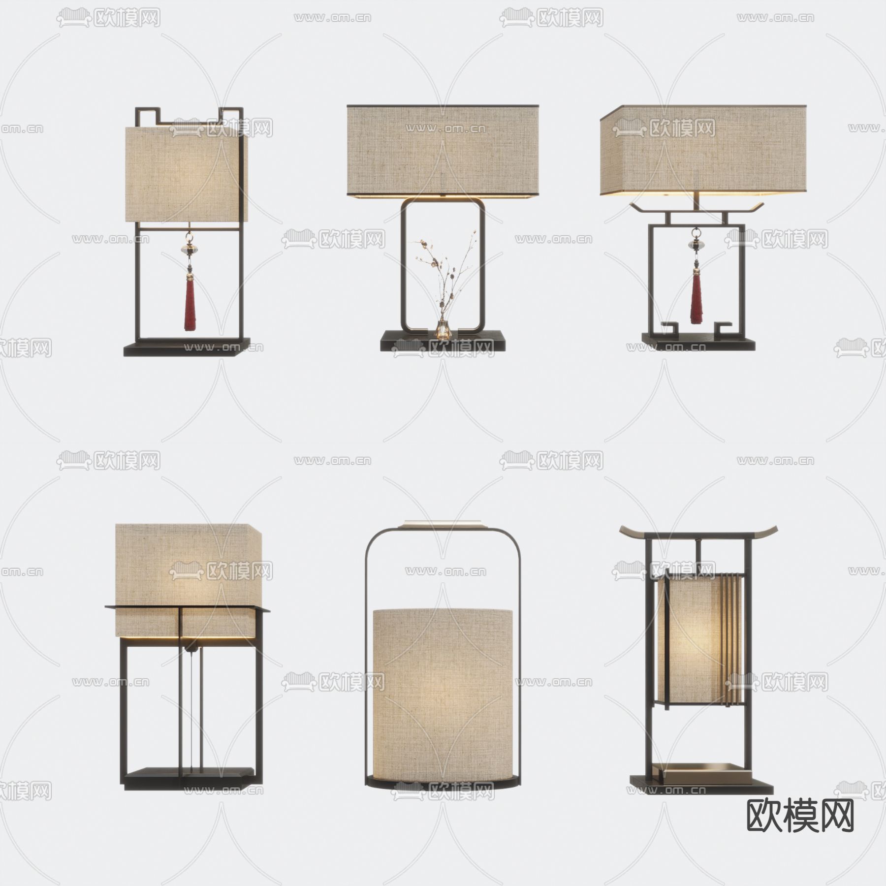 新中式布艺灯罩台灯3d模型下载