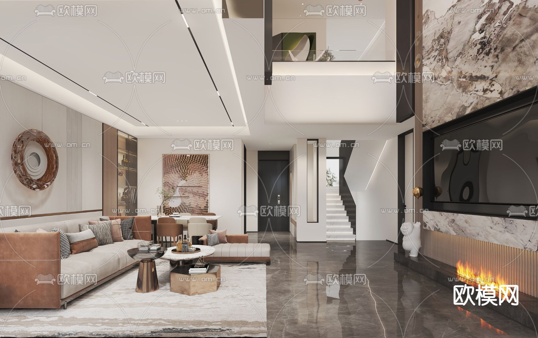 现代轻奢别墅客厅大堂模型下载（渲染图4）