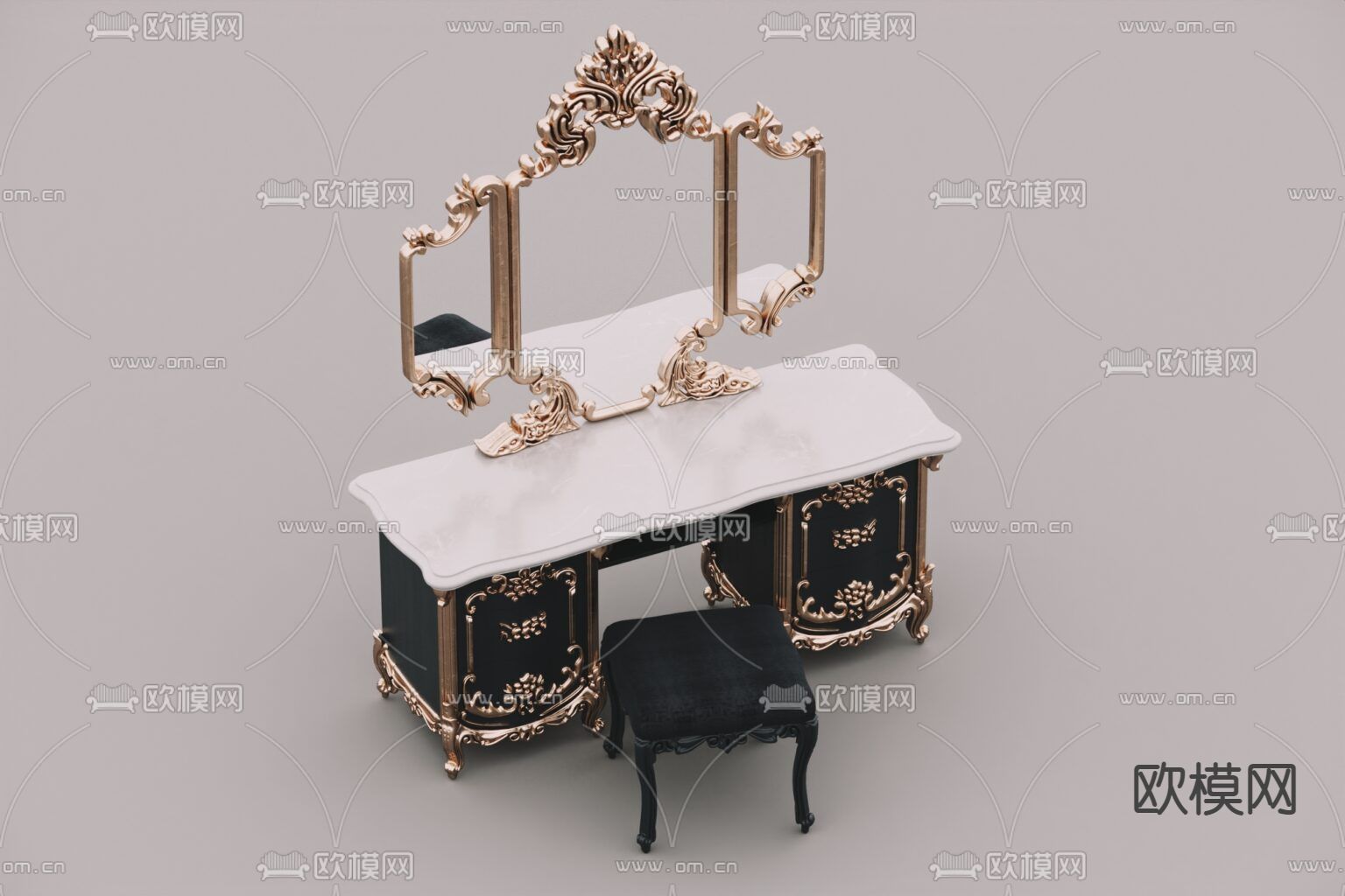 欧式古典实木描金雕花梳妆台免费3d模型下载