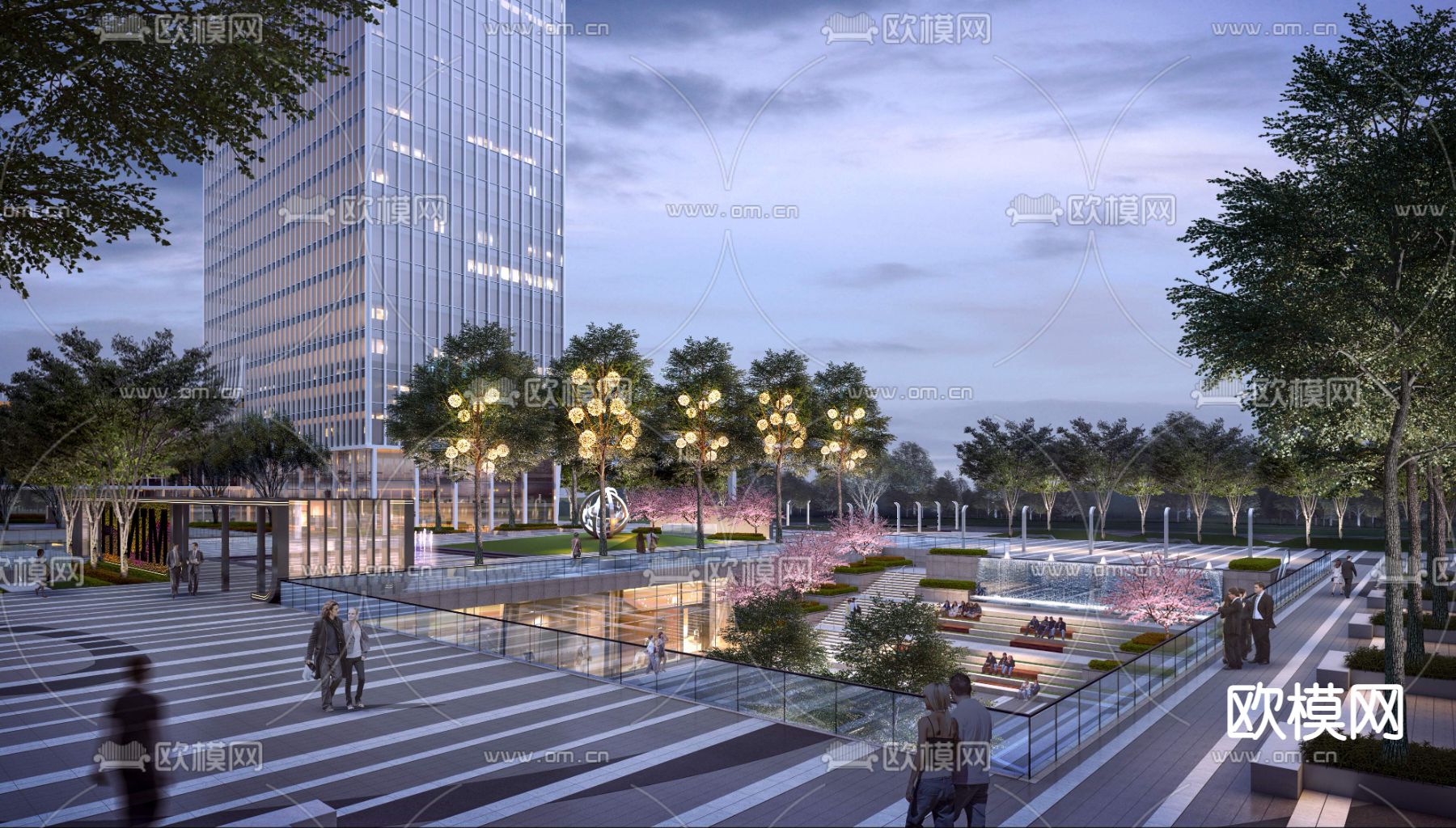 现代办公楼外观公园景观psd下载