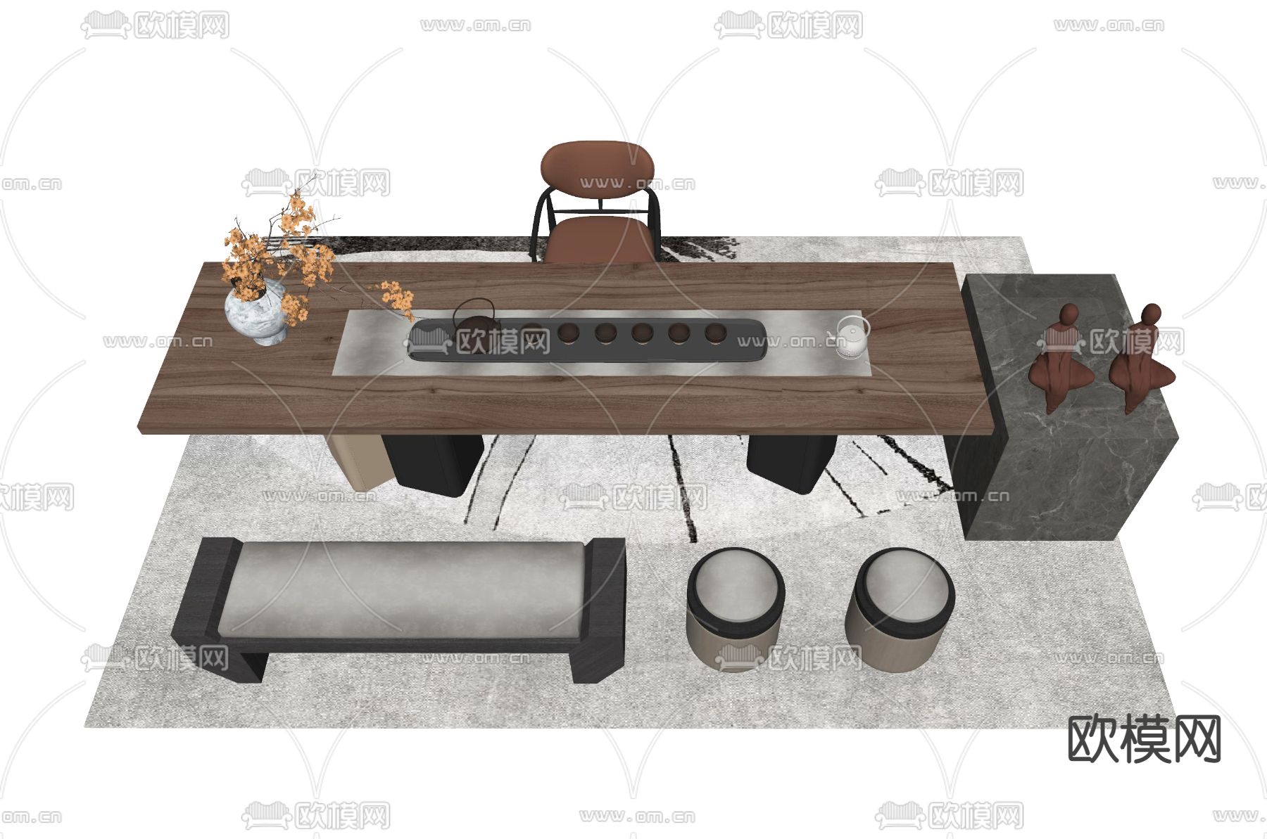 新中式茶桌椅su模型下载（渲染图2）