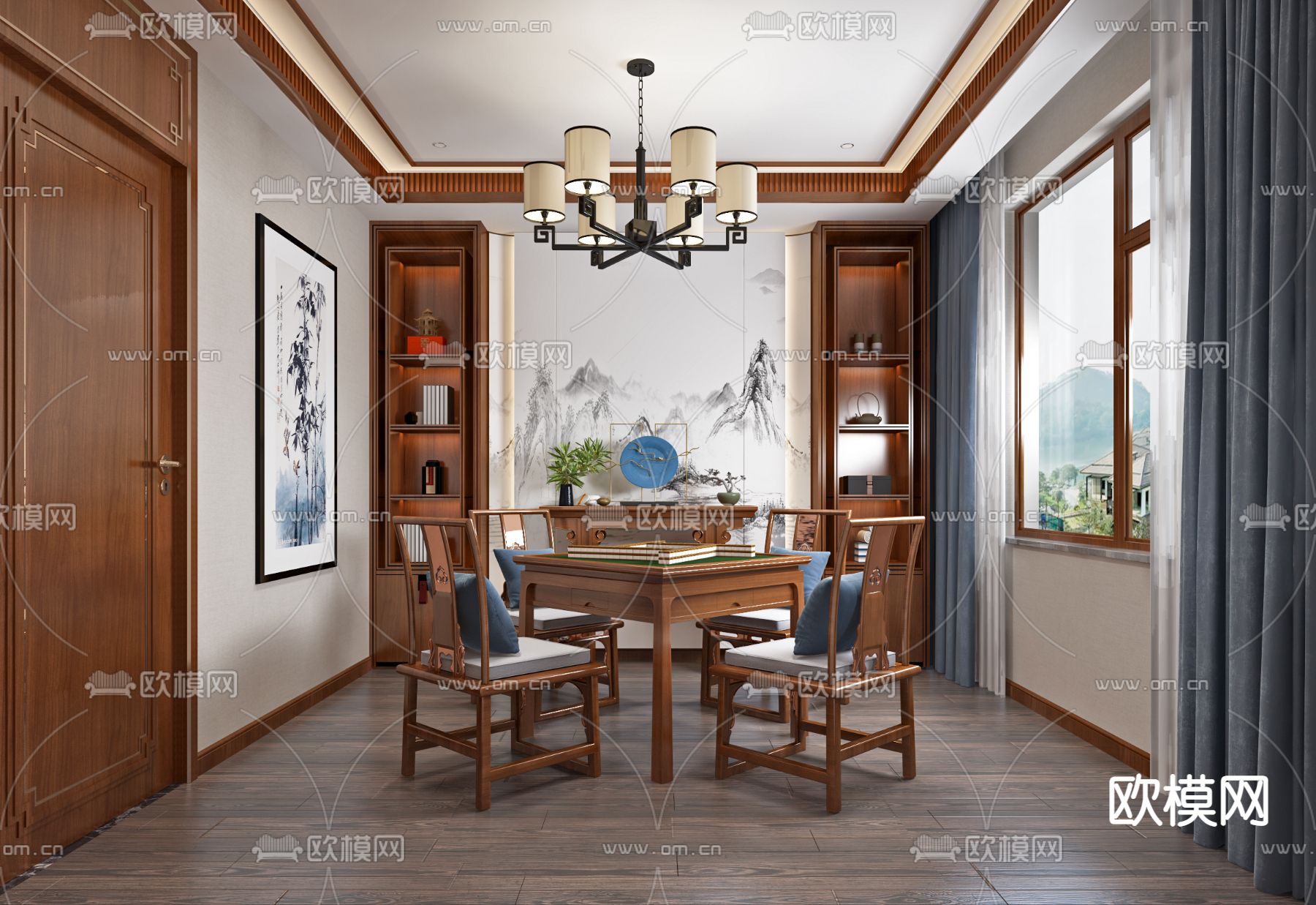 新中式棋牌室su模型下载（渲染图1）