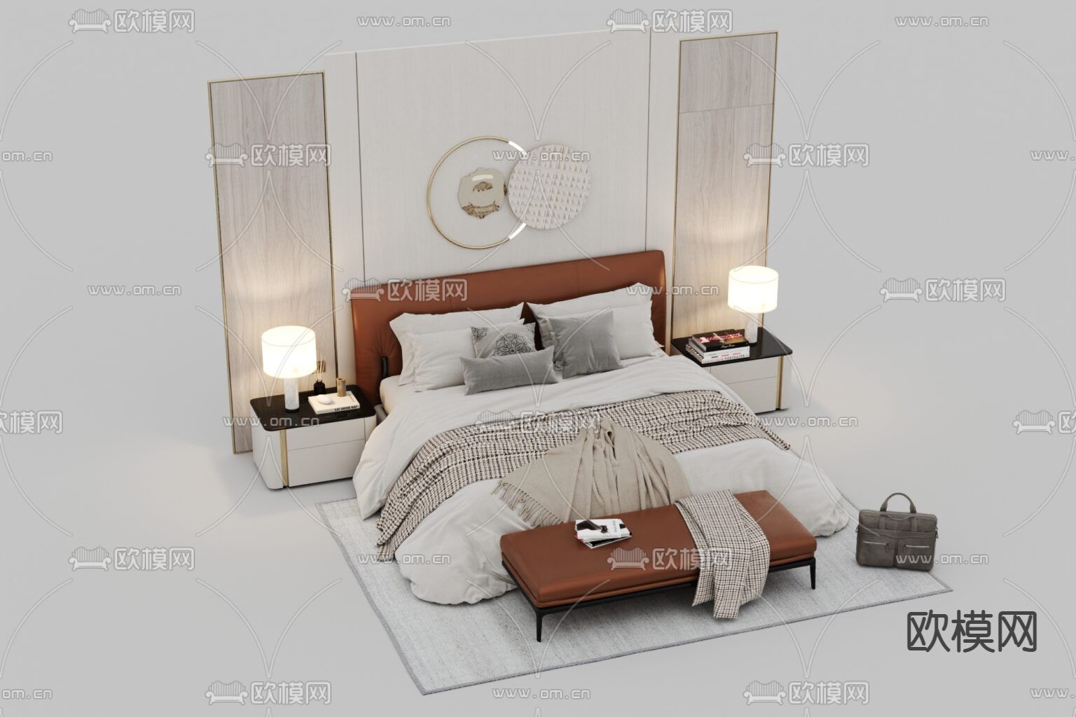 现代轻奢实木不锈钢背景墙皮革布艺双人床免费3d模型下载