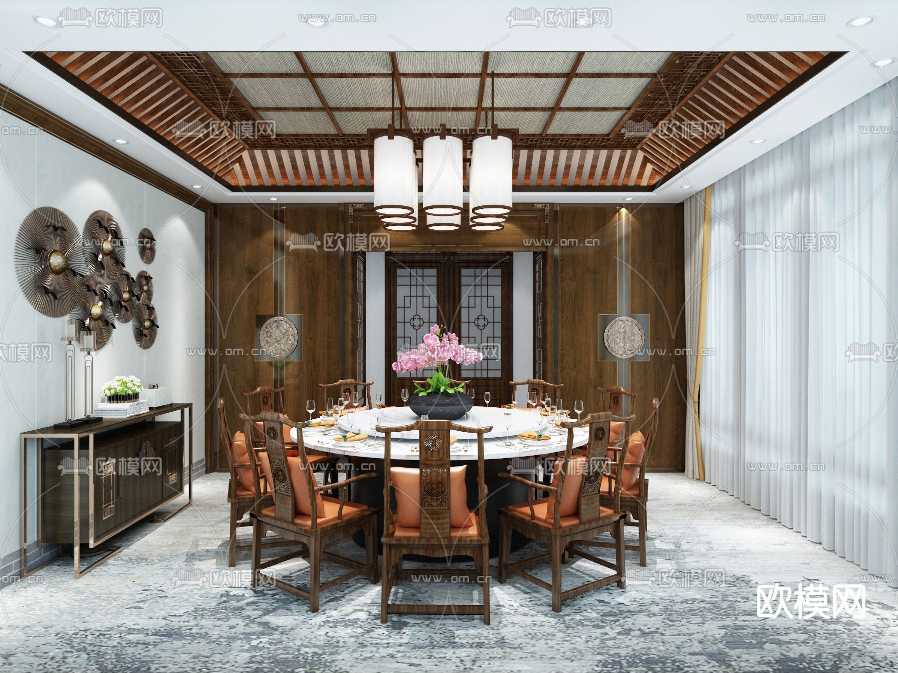新中式酒店餐厅包房3d模型下载_ID12058800_3dmax免费模型-欧模网