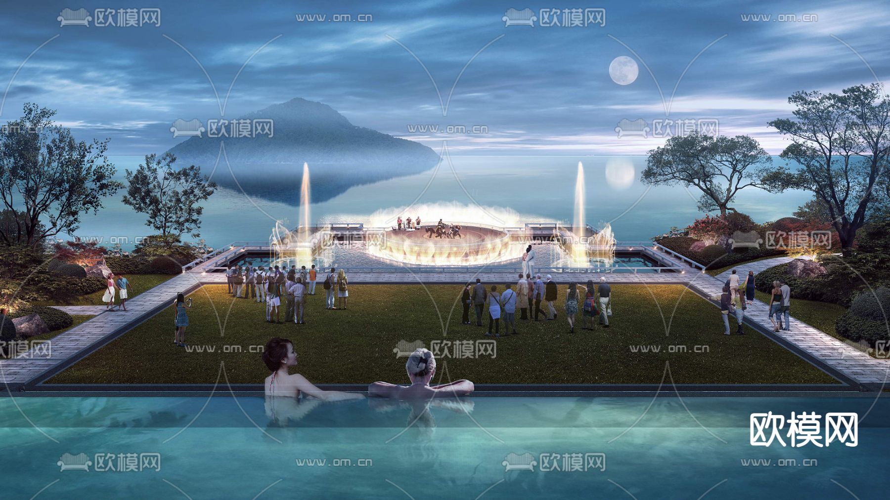现代水上表演游泳池景观psd下载