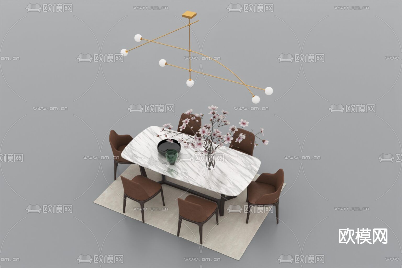现代轻奢实木皮革大理石餐桌椅免费3d模型下载