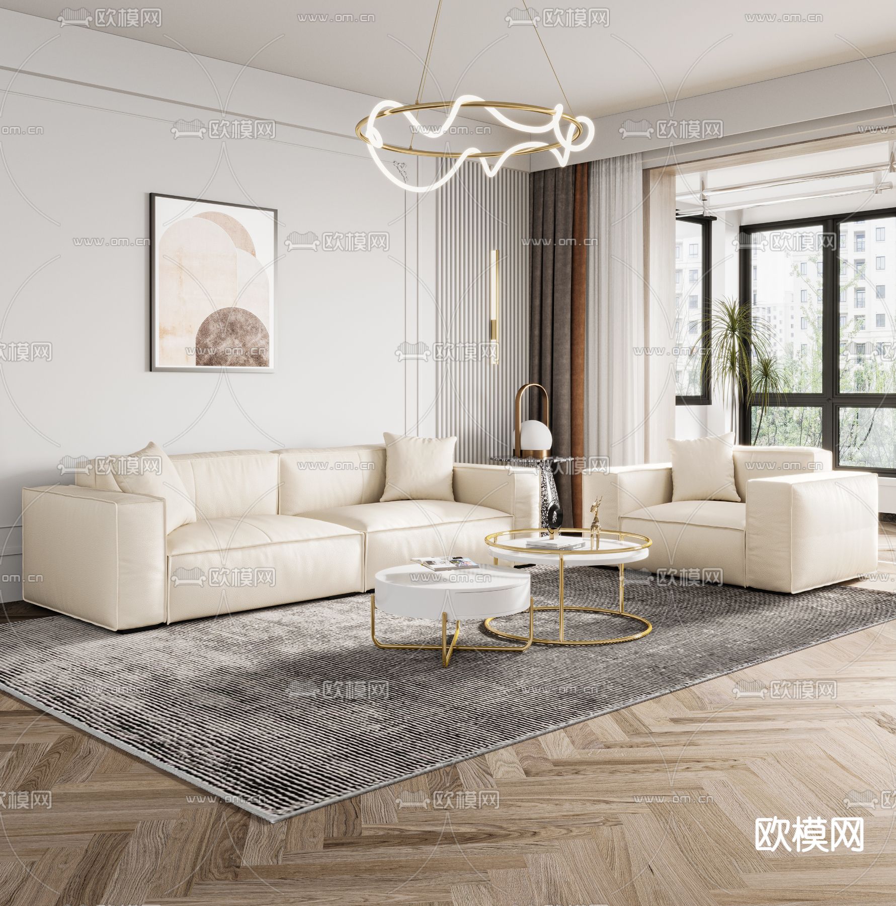 现代奶油白布艺双人沙发3d模型下载