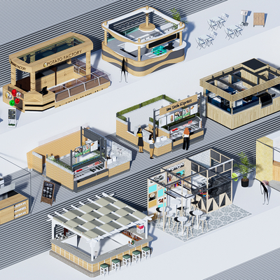  现代售货摊小吃摊su模型 