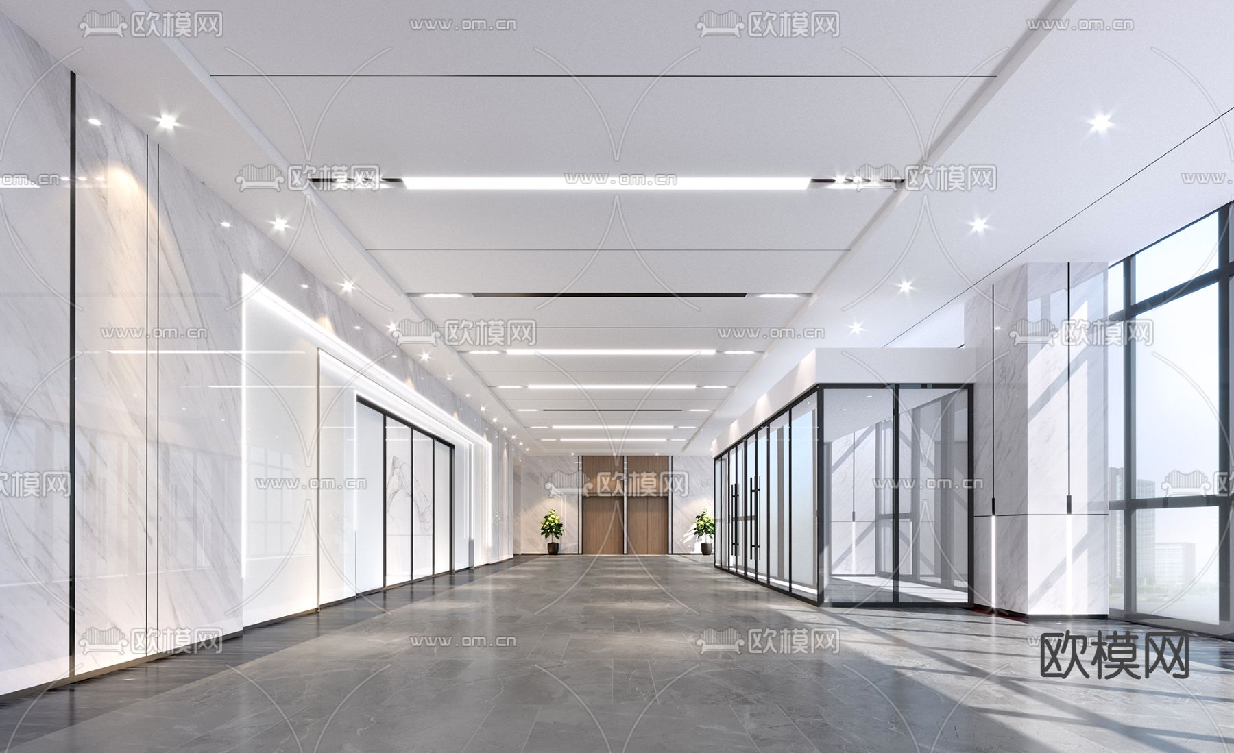 现代办公楼电梯厅走廊3d模型下载（渲染图2）