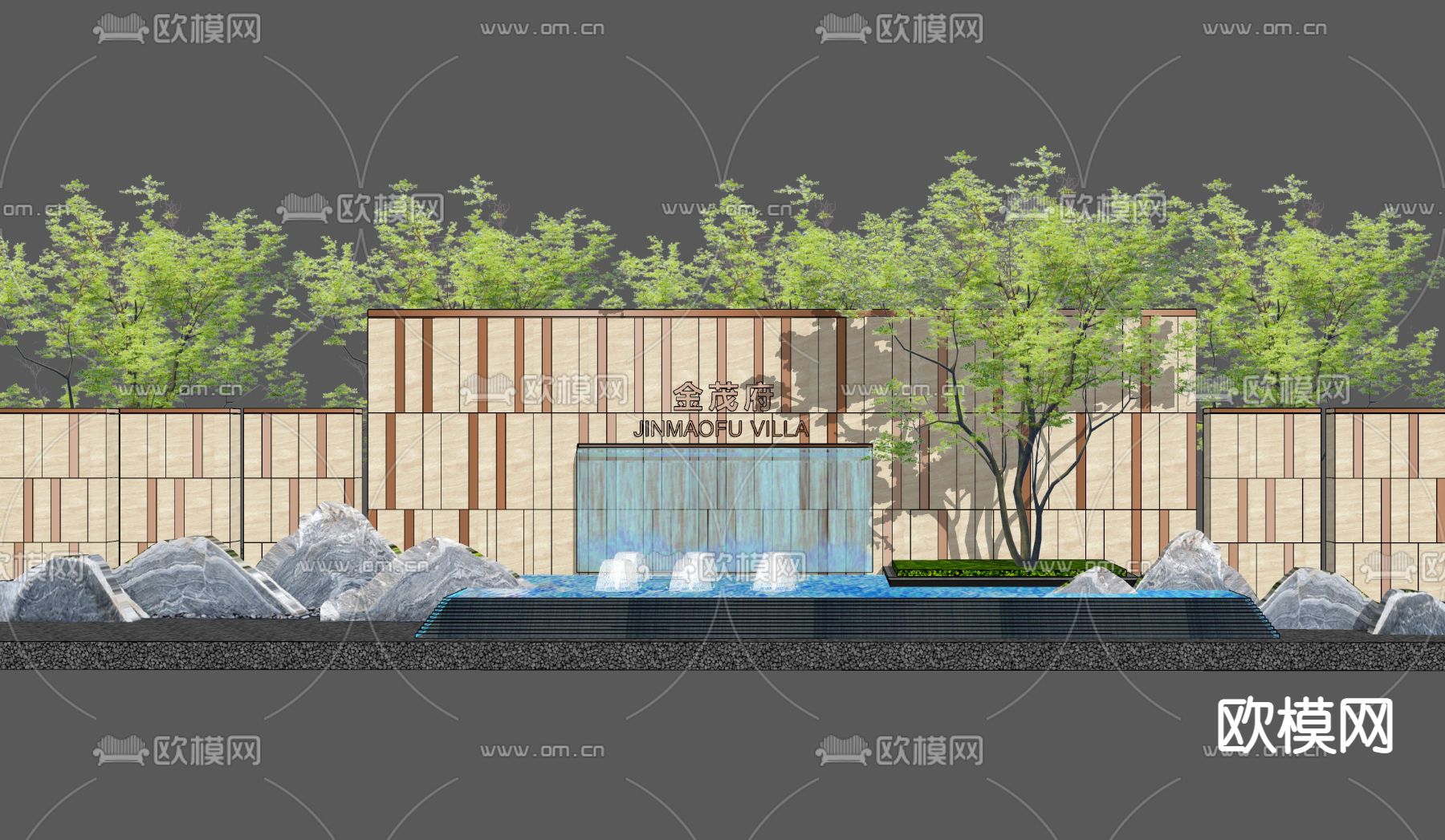现代跌水景墙喷泉小品su模型下载_ID12055999_sketchup模型下载-欧模网