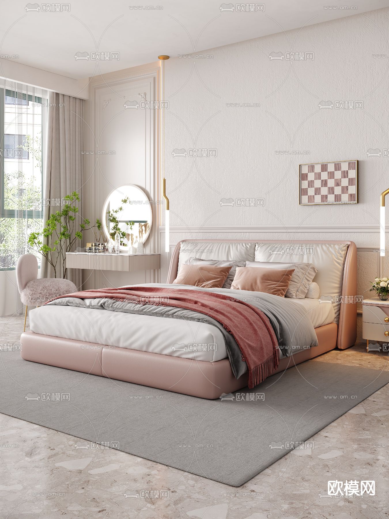 现代粉色皮革双人床3d模型下载