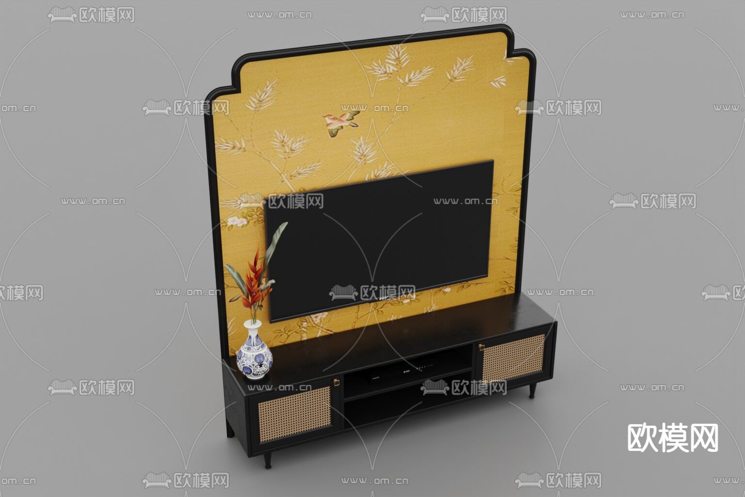 新中式古典背景墙实木电视柜免费3d模型下载