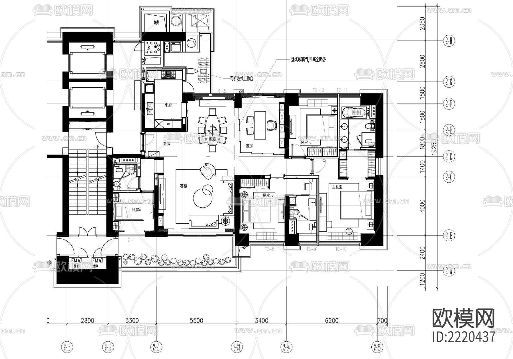 220㎡大平层CAD施工图下载（渲染图1）