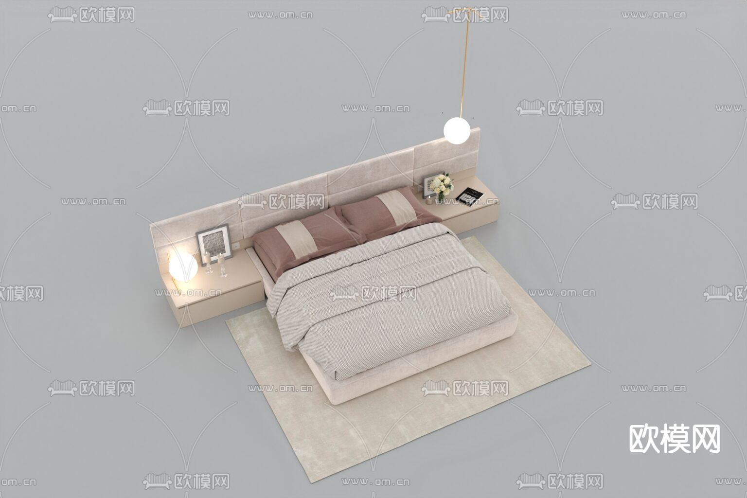 现代简约布艺实木双人床免费3d模型下载