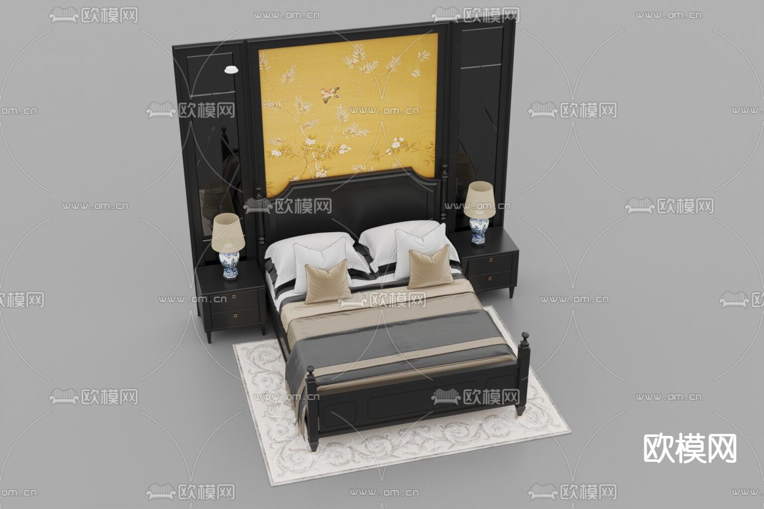 新中式古典实木布艺背景墙双人床免费3d模型下载