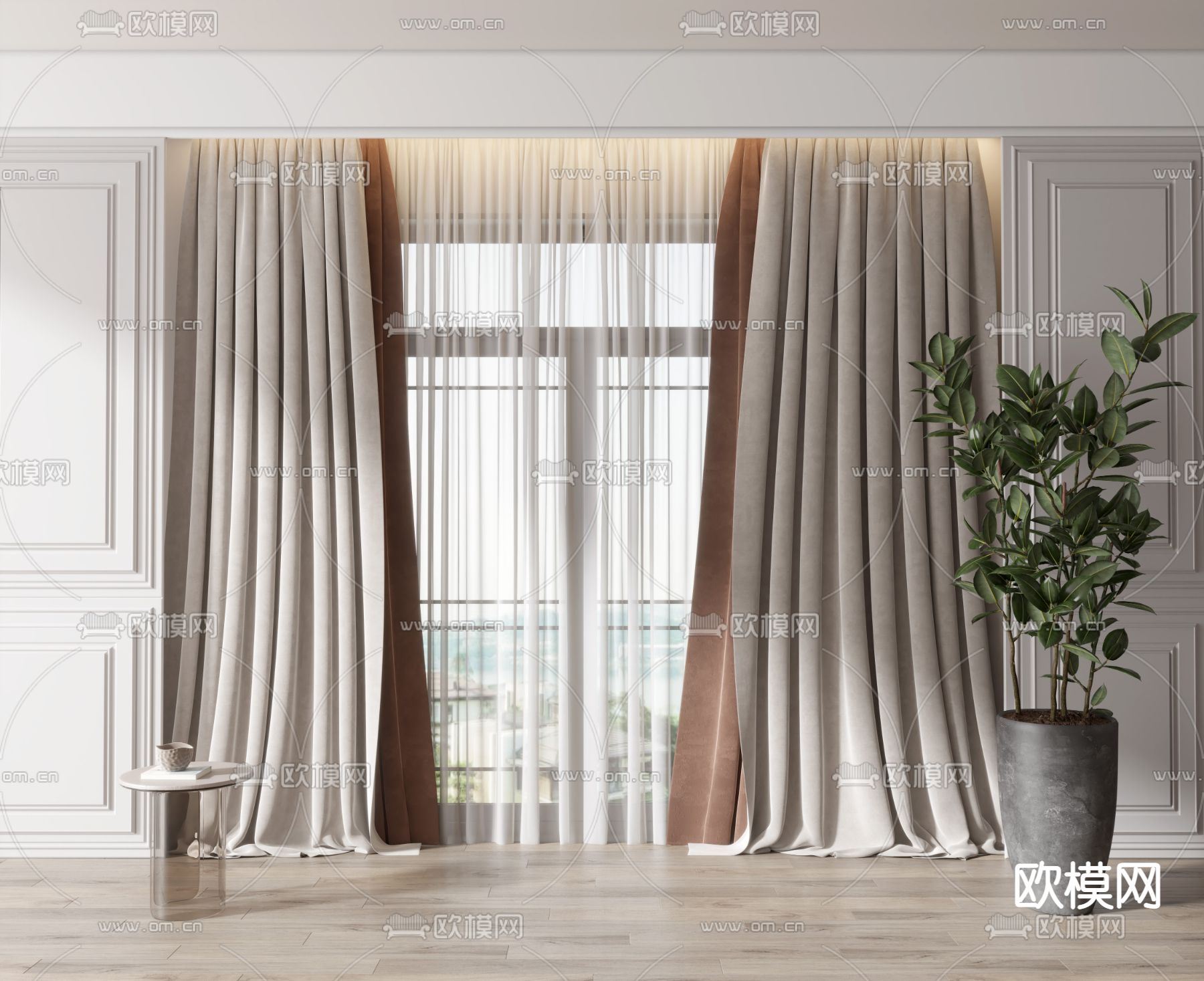 现代杏色布艺窗帘3d模型