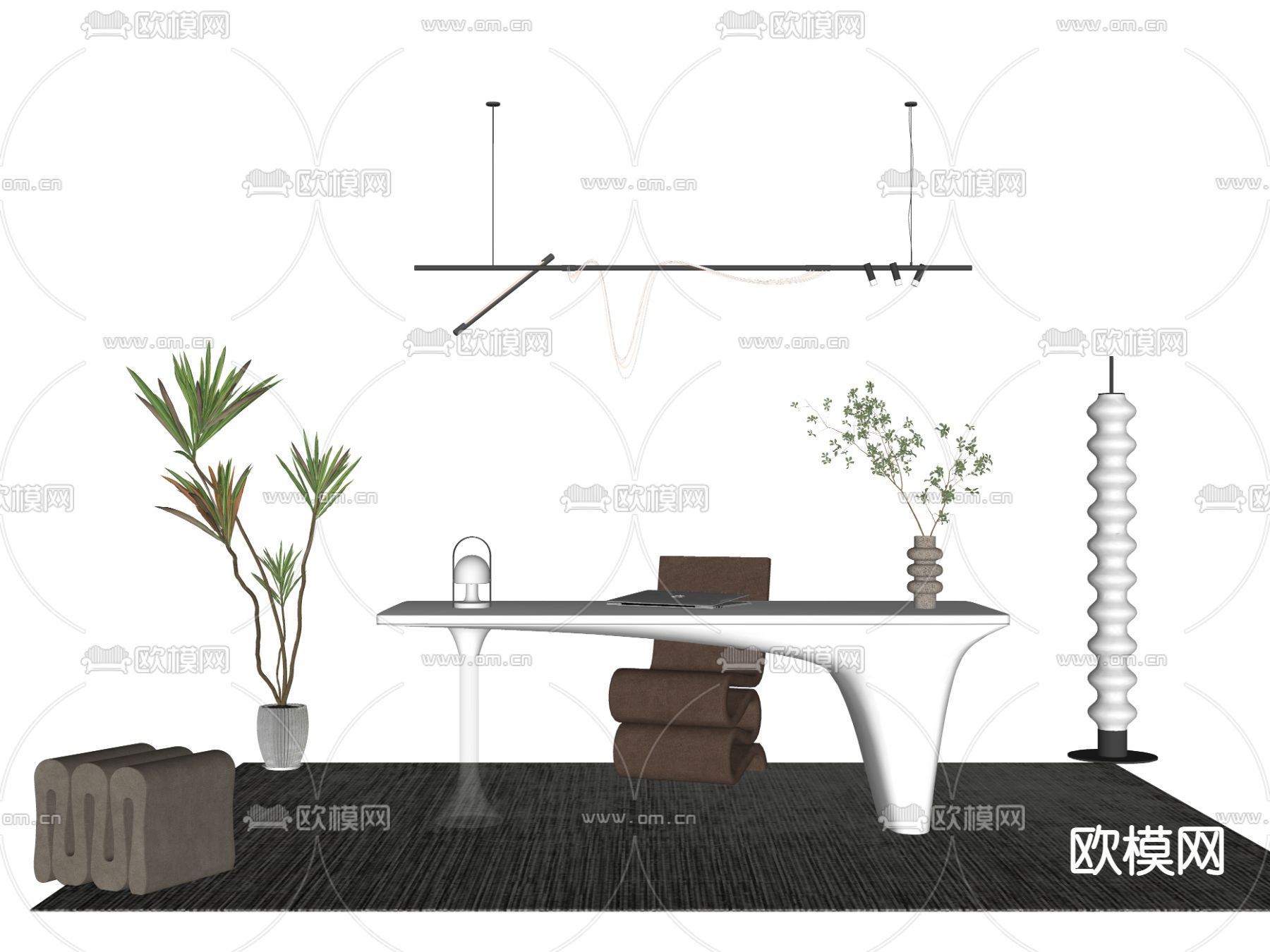 现代白色烤漆书桌椅su模型下载