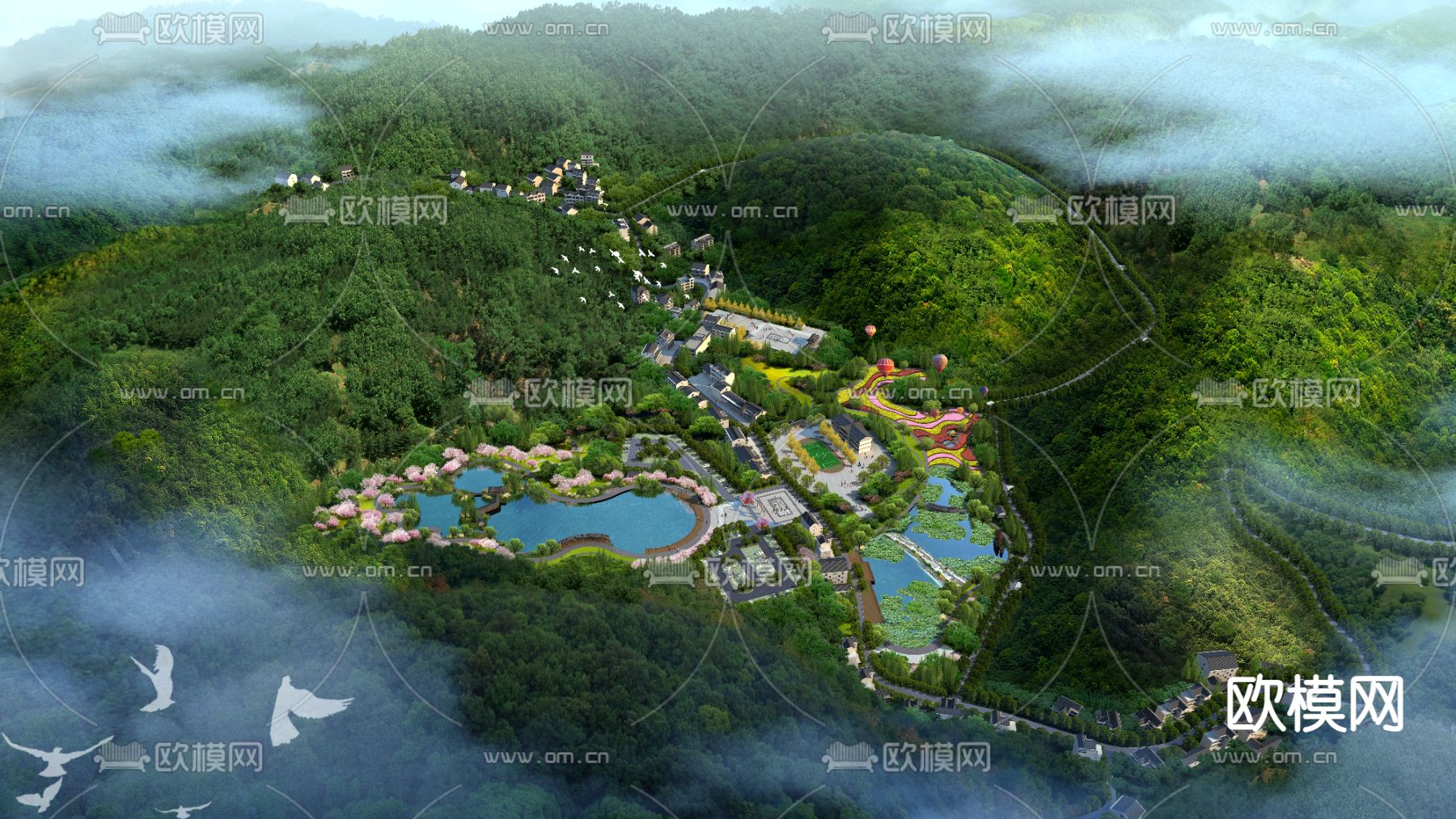 现代湿地园林鸟瞰景观psd下载