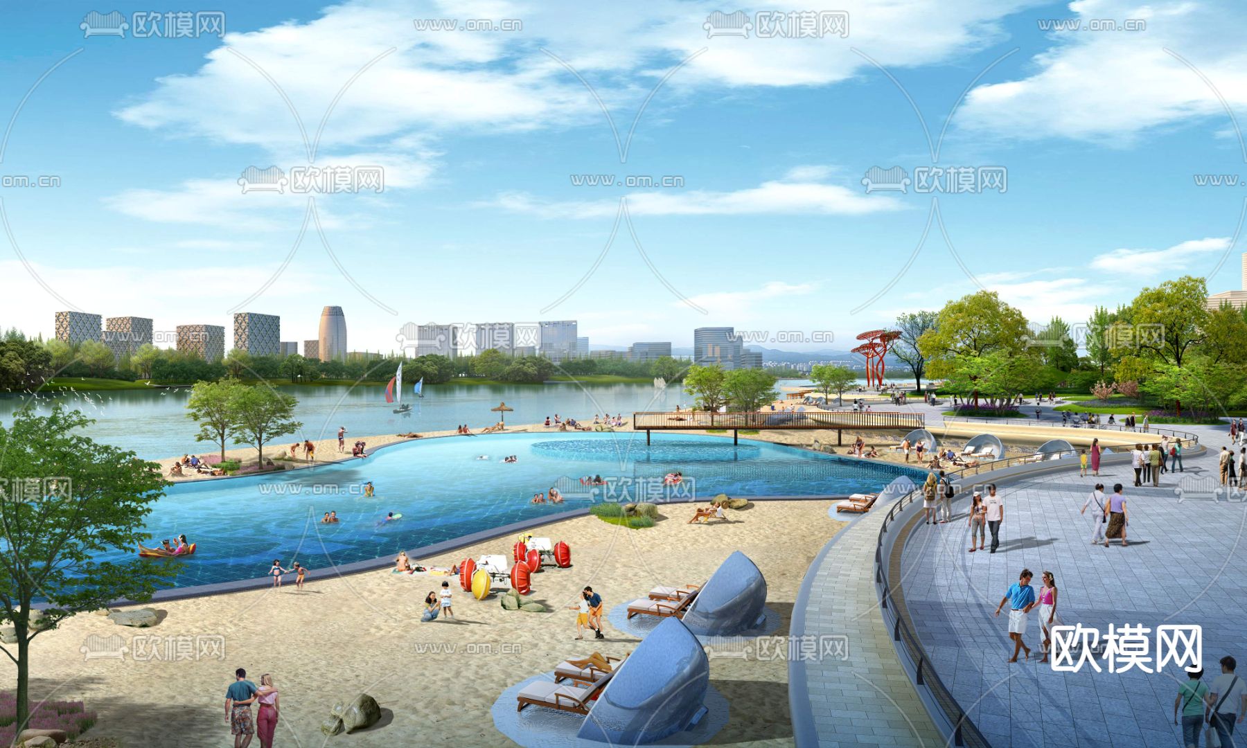 现代沙滩水上泳池景观psd下载