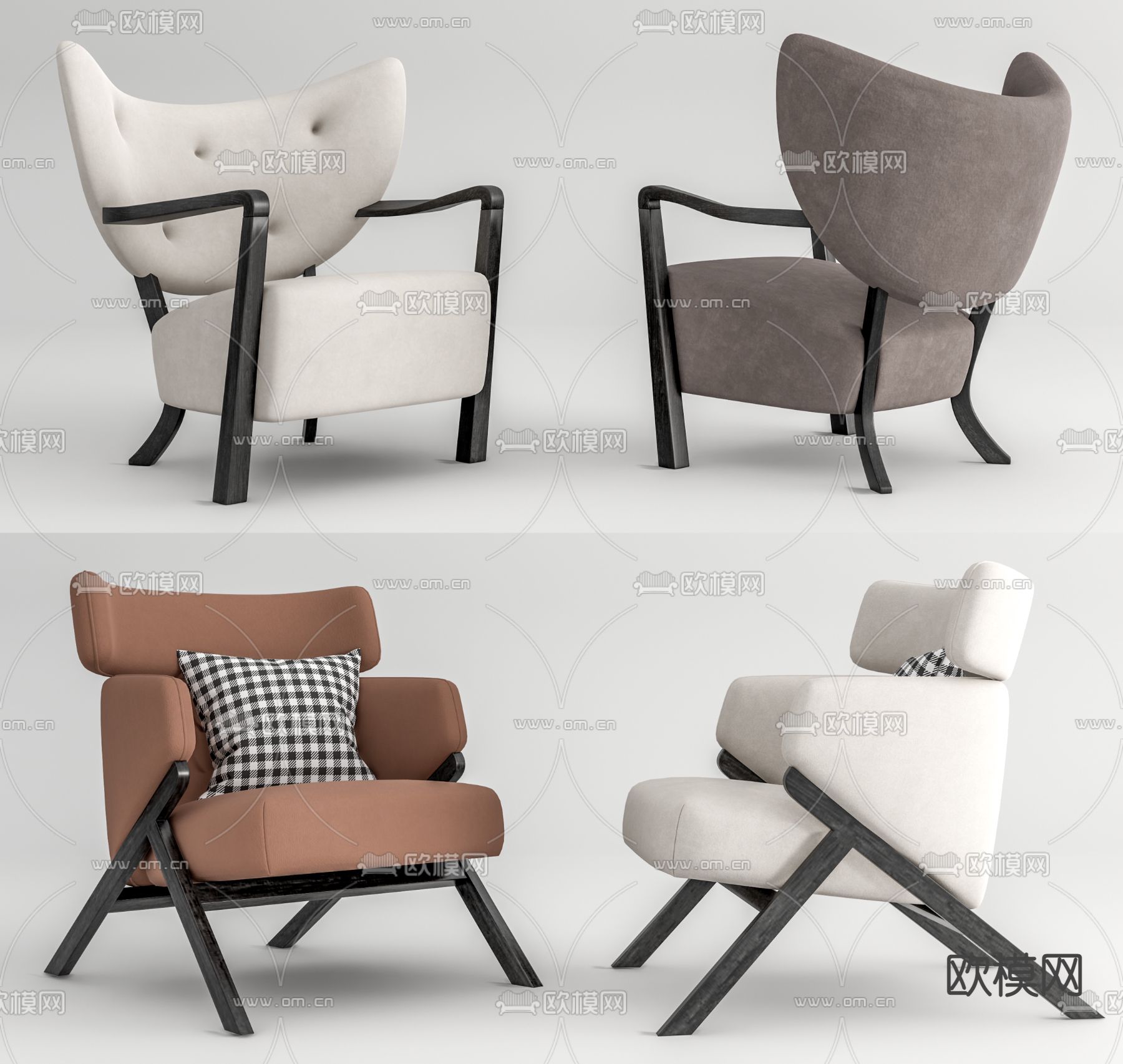 现代奶油风扶手休闲椅su模型