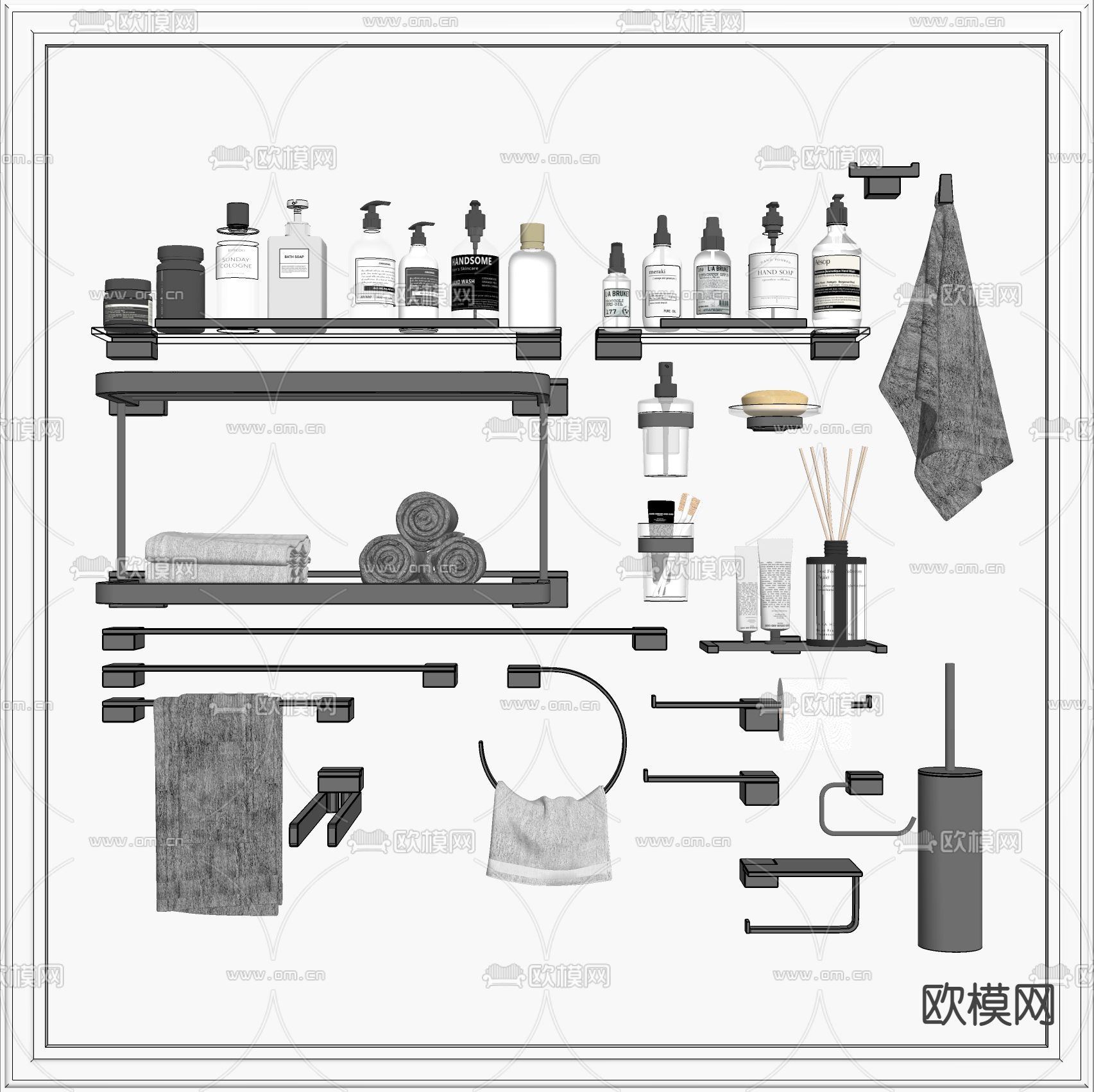 现代毛巾架洗浴用品su模型下载（渲染图2）