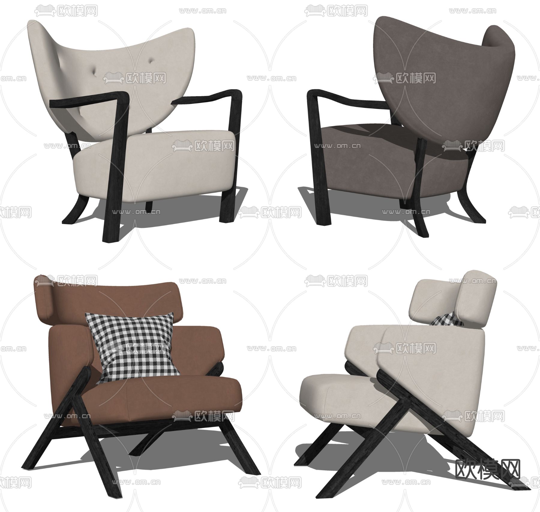 现代奶油风扶手休闲椅su模型