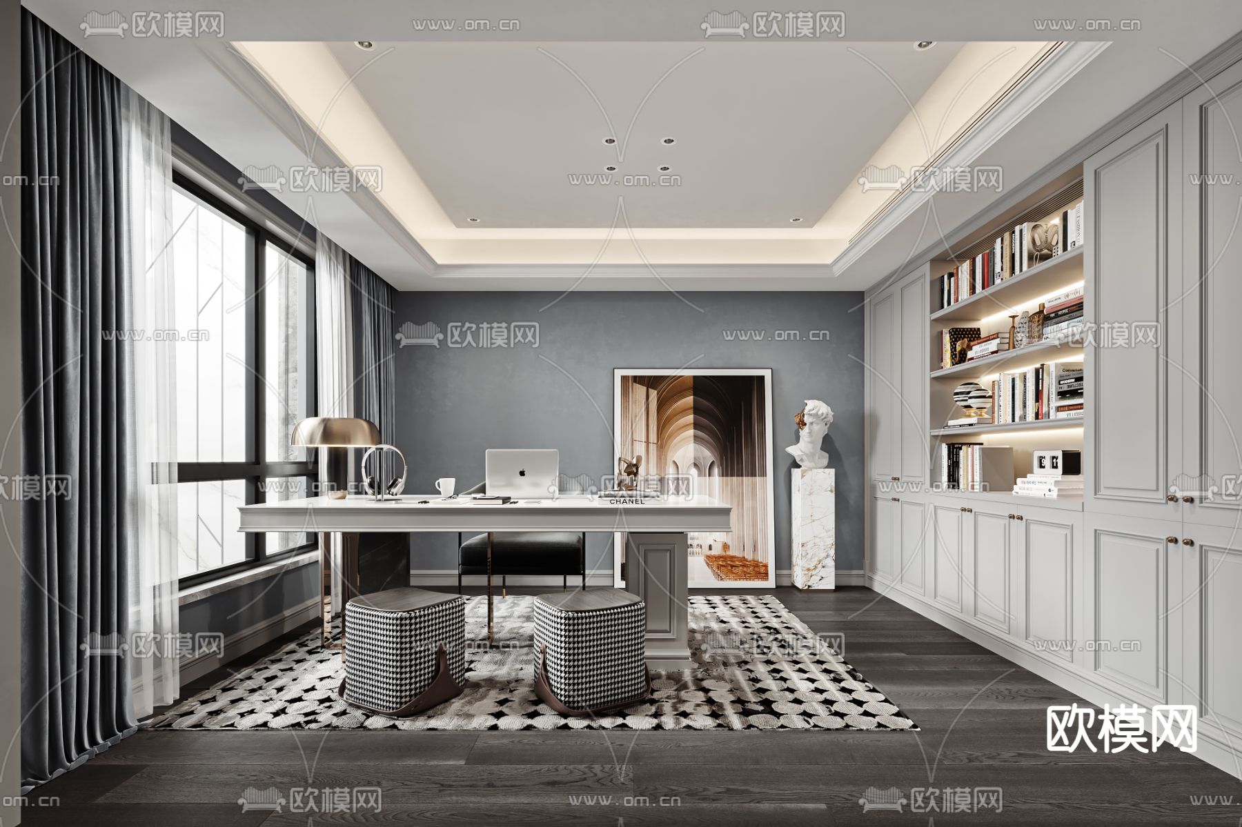 美式简约书房3d模型下载