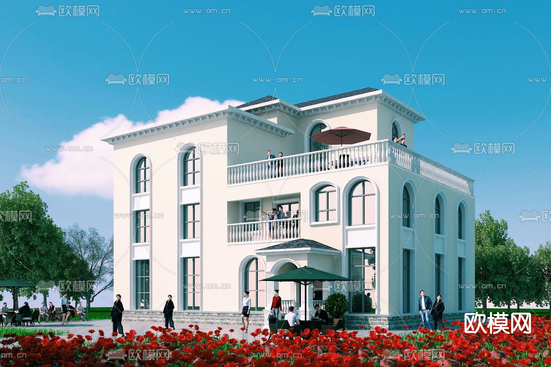 简欧独栋别墅建筑外观3d模型下载