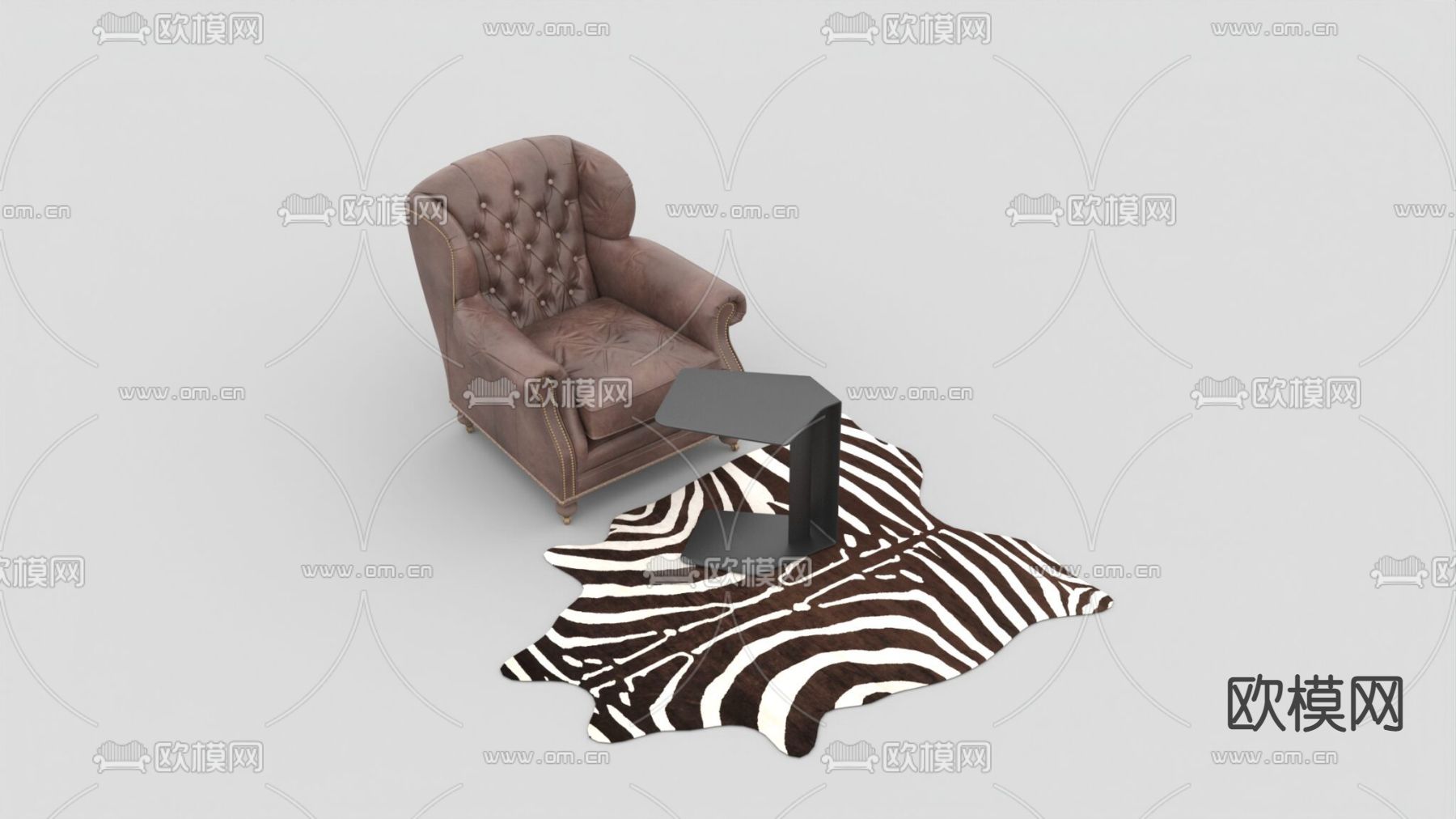 欧式古典皮革铆钉单人沙发金属异形边几免费3d模型