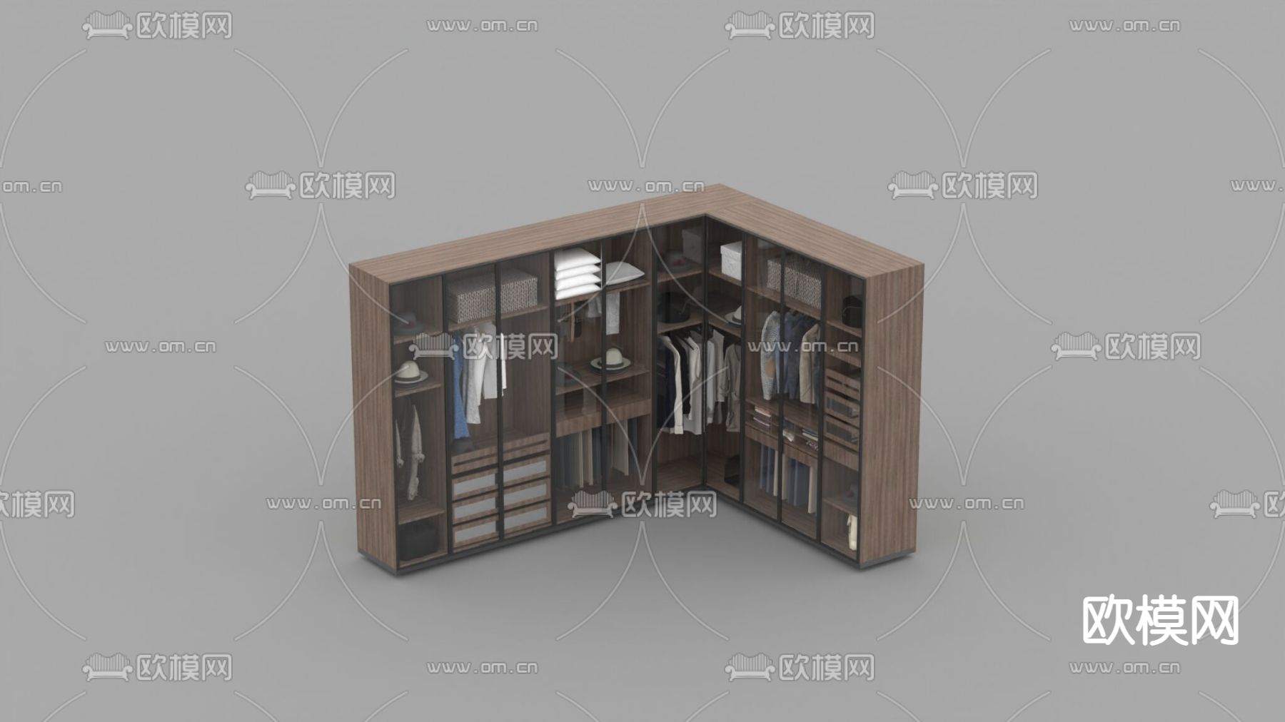 现代轻奢实木不锈钢玻璃转角衣柜免费3d模型下载