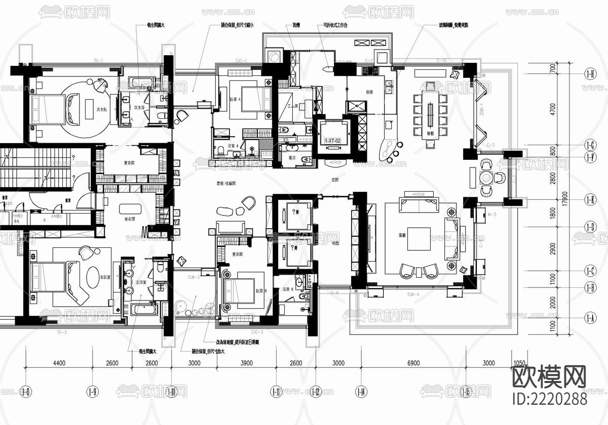 540㎡大平层CAD施工图下载（渲染图1）