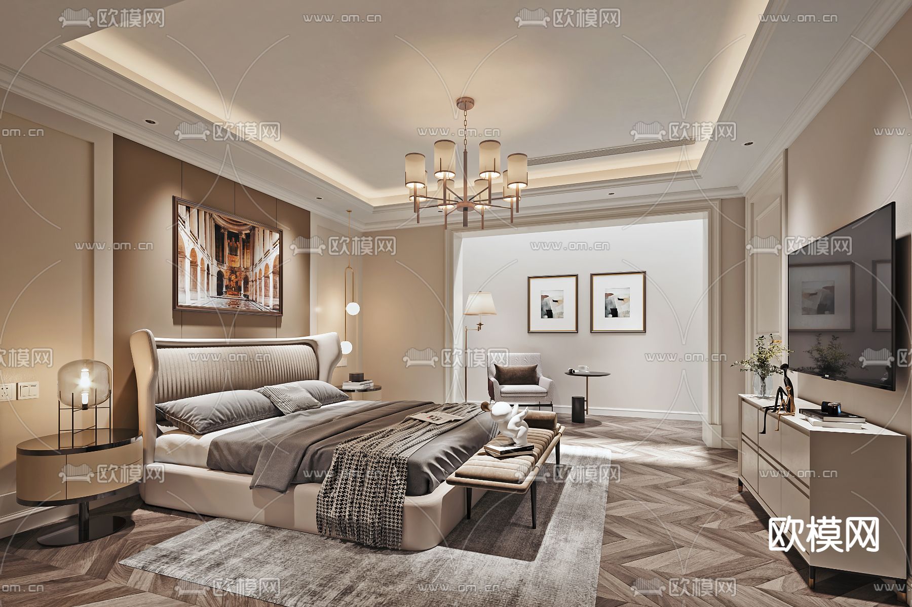 美式卧室主人房3d模型下载